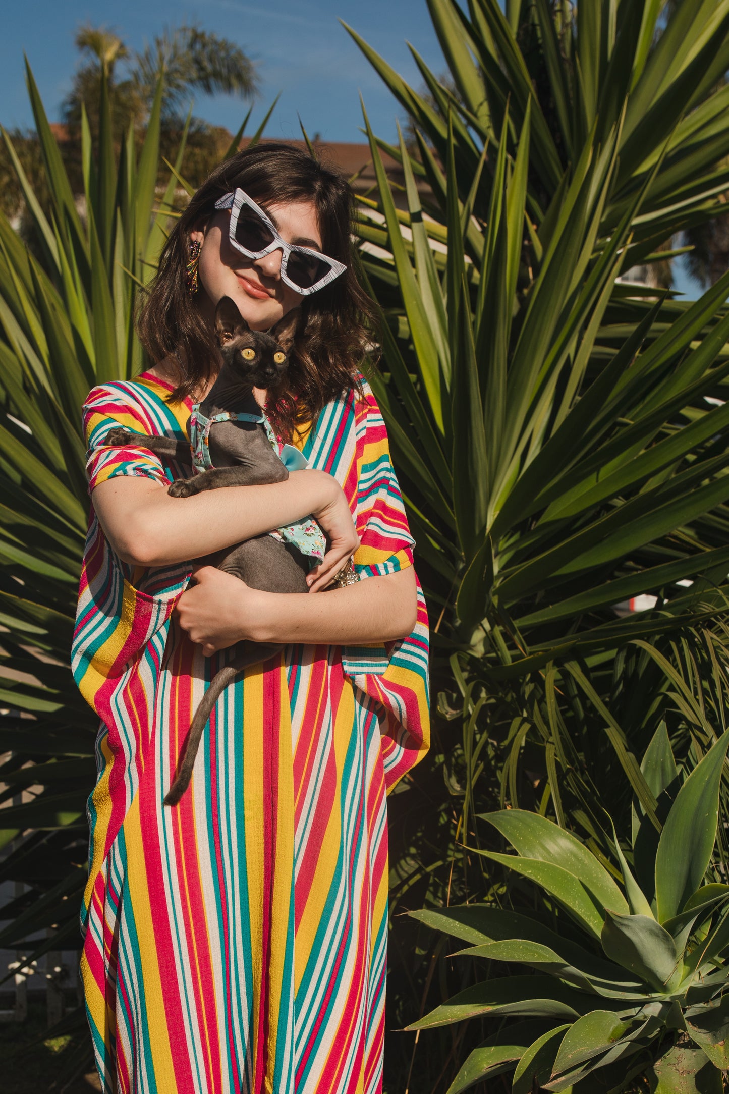 jennafer grace Lourdes Stripe caftan bright colorful multihued vertically striped kaftan red yellow blue white stripes mumu shift dress coverup casual boho bohemian hippie romantic whimsical beach resort spa lounge loungewear layering unisex lgbtq pride handmade in California USA