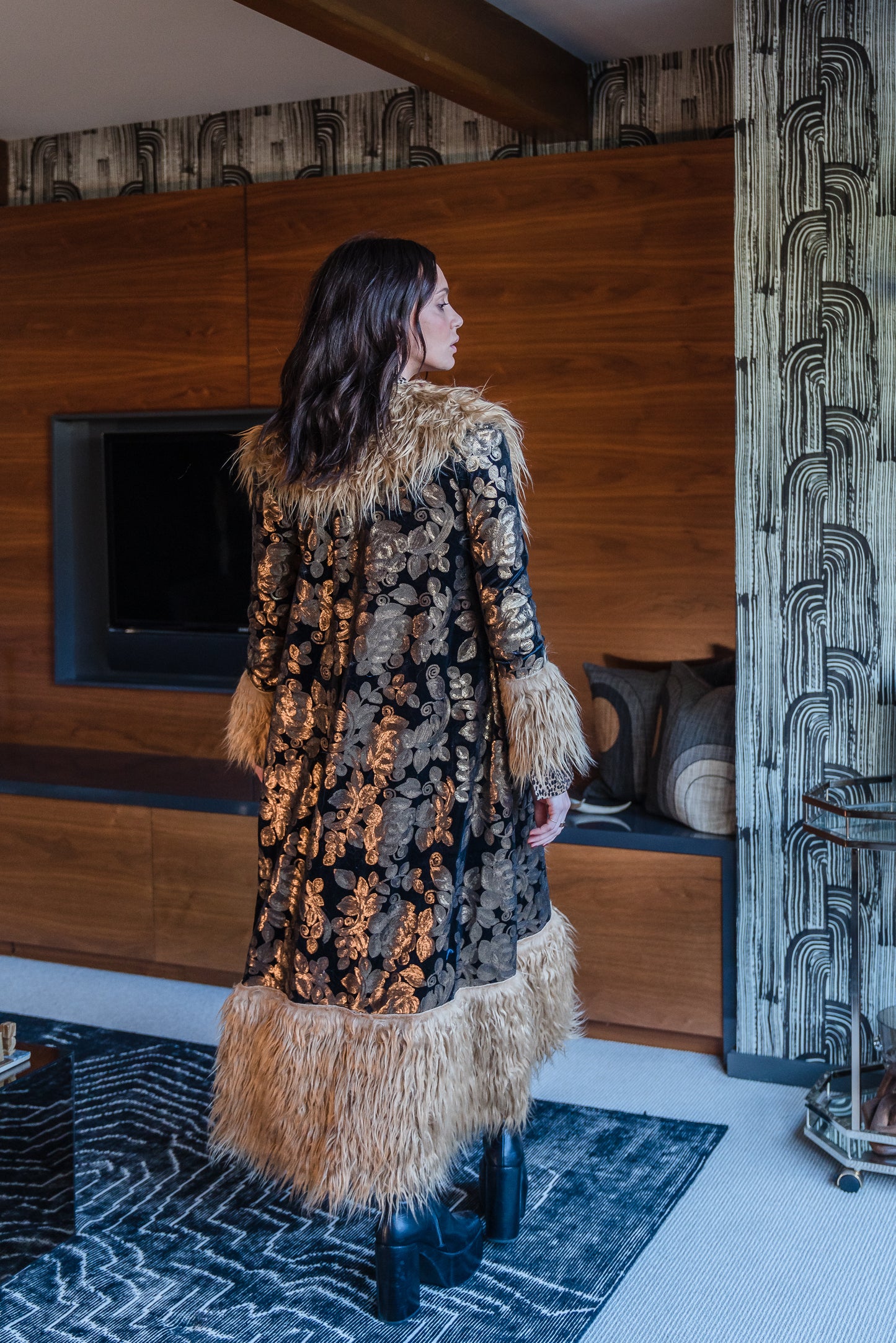 Penny Deluxe Oro Blossom Fawn Faux Fur Trim Coat