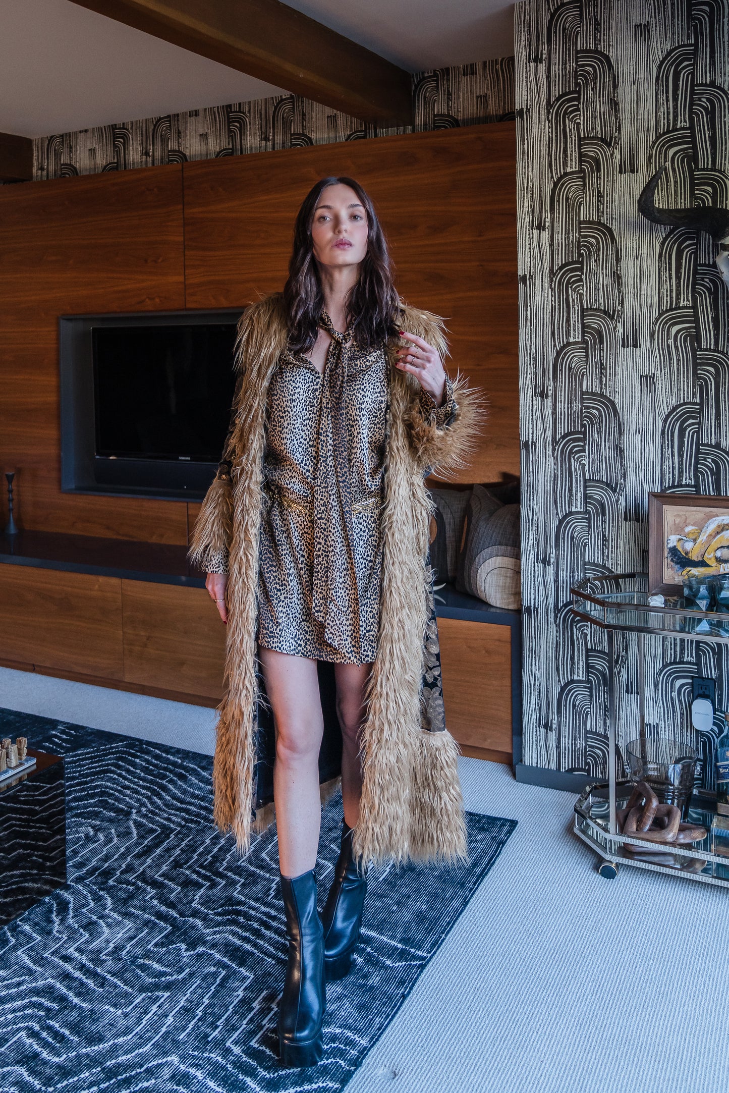 Penny Deluxe Oro Blossom Fawn Faux Fur Trim Coat