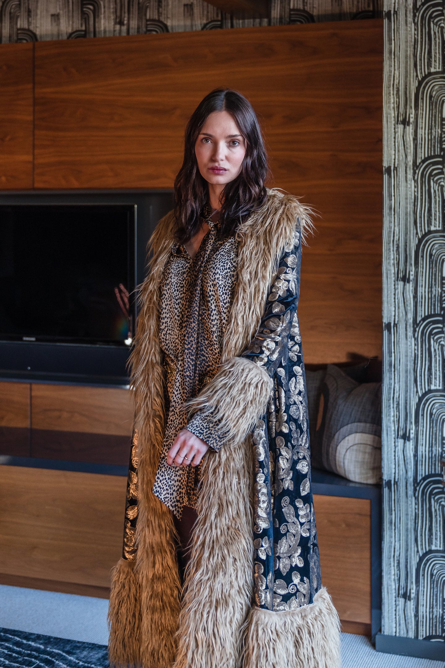 Penny Deluxe Oro Blossom Fawn Faux Fur Trim Coat