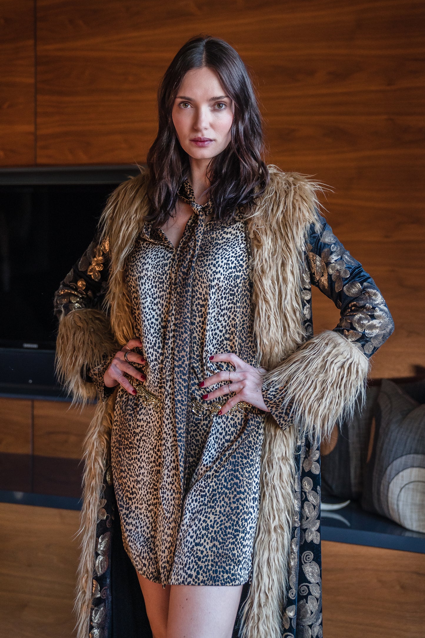 Penny Deluxe Oro Blossom Fawn Faux Fur Trim Coat