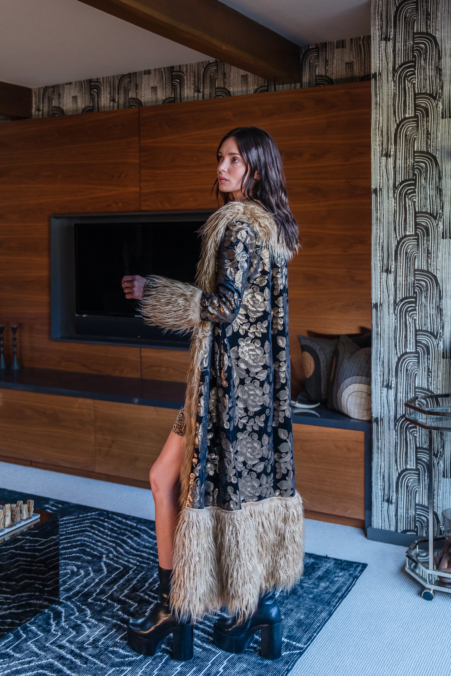 Penny Deluxe Oro Blossom Fawn Faux Fur Trim Coat