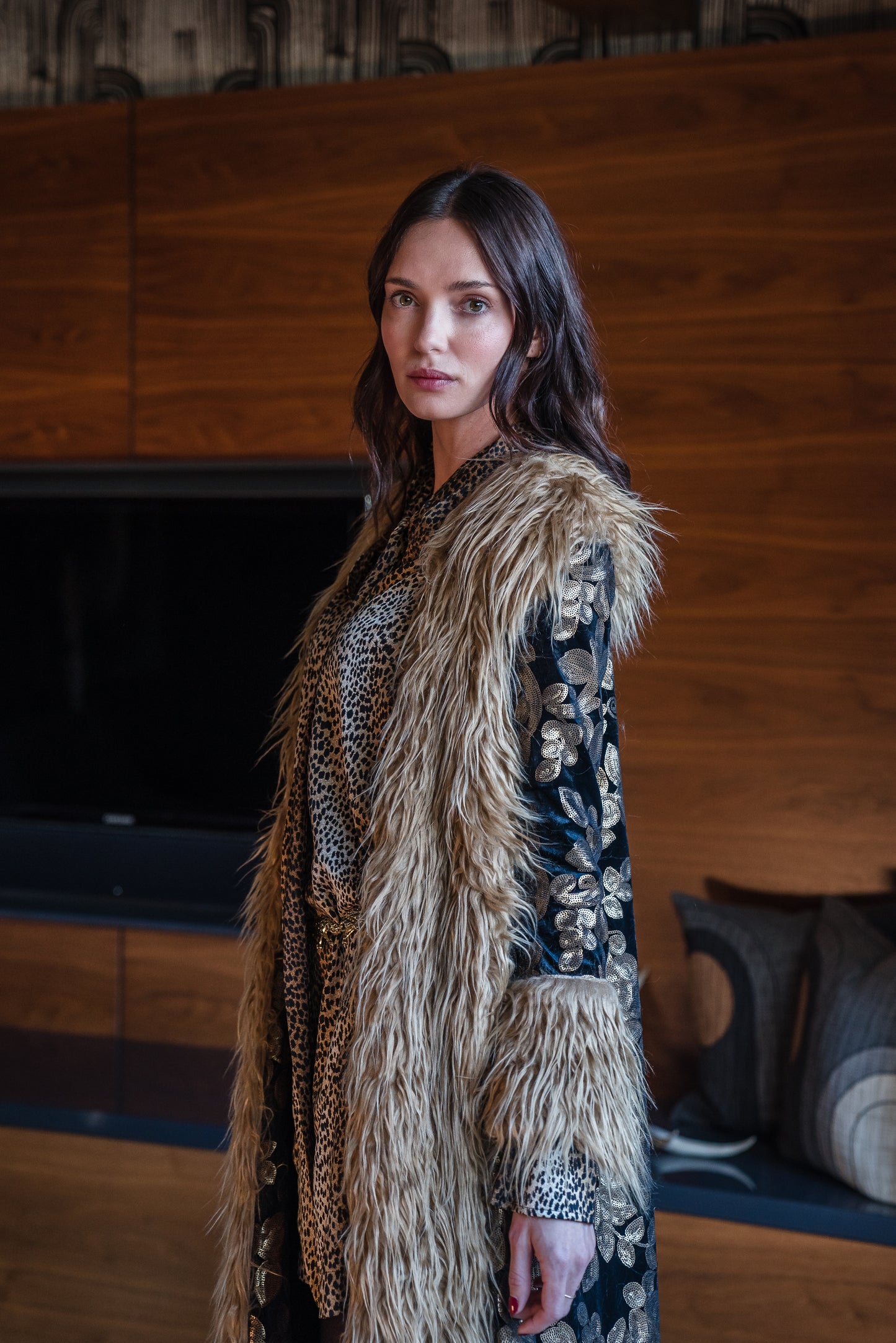 Penny Deluxe Oro Blossom Fawn Faux Fur Trim Coat
