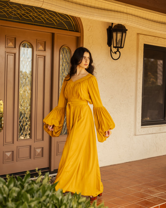 This handmade dress features a v neck, a matching slip full length slip and gloriously full bell sleeves. Made from our super light and linen like rayon blend. Uber long sash makes the perfect Obi Belt!