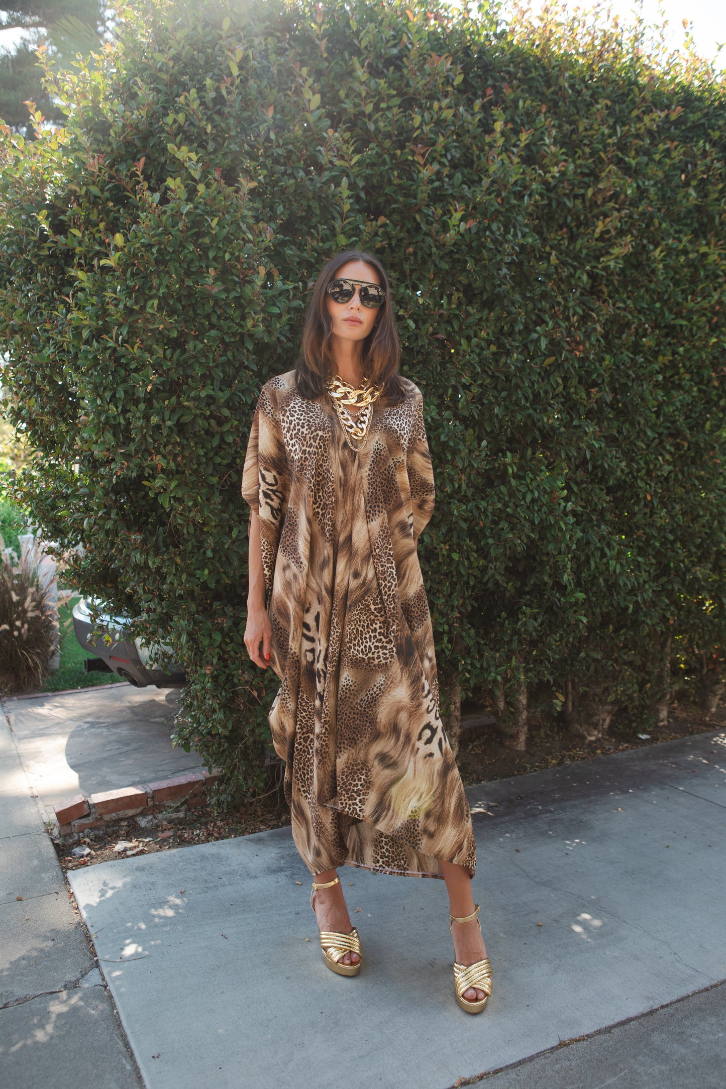 jennafer grace Animalon Caftan neutral tan brown black mixed big cat print leopard cheetah lion patterned kaftan mumu shift dress coverup casual boho bohemian hippie beach resort spa lounge loungewear layering unisex handmade in California USA