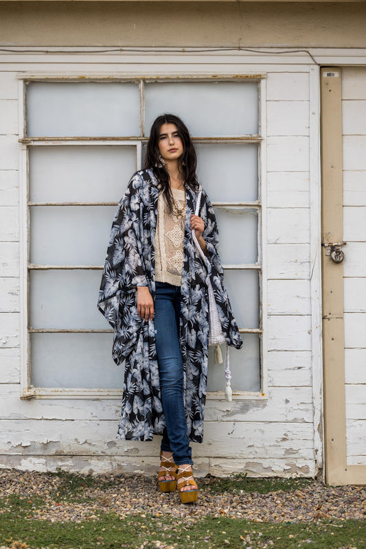 agua palma blue black white palm tropical print pattern kimono wrap dress layering shawl jacket robe jennafergrace handmade luxe everyday