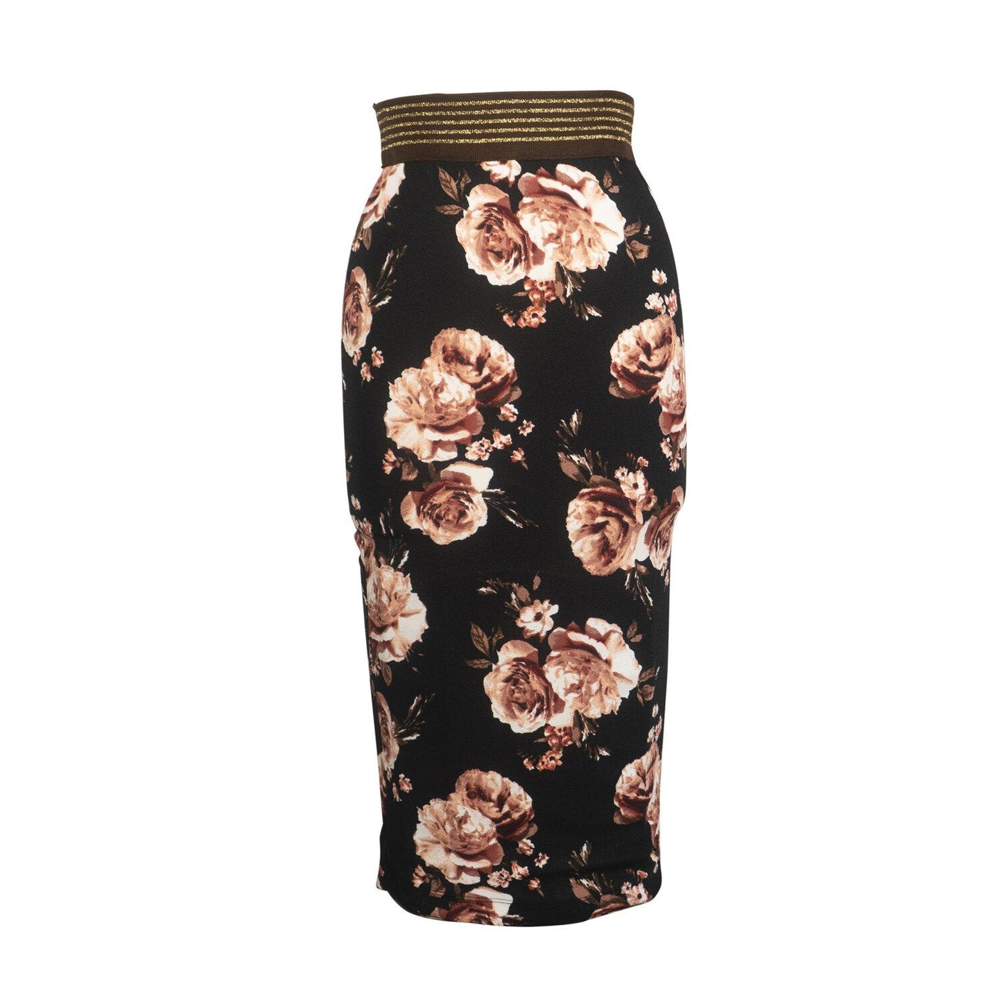 Black midi pencil skirt with floral print featuring shades of pink, mauve, and brown. The waist is accented with a thick, brown and gold striped elastic waistband and the hem sits below the knee in length. Soft vintage inspired romantic bohemian style.