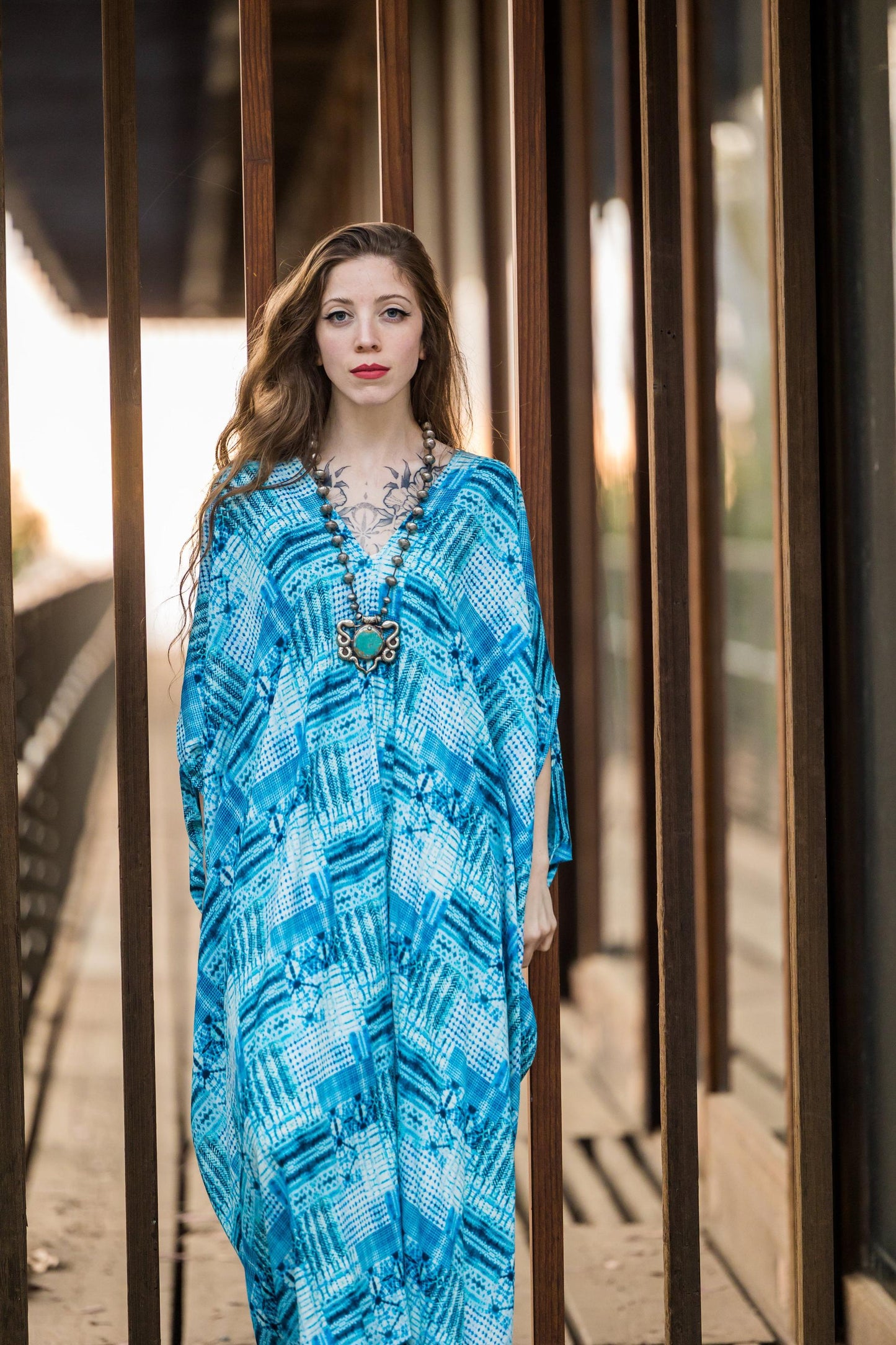 aquarius aqua blue tiki totem caftan kaftan alohacaftan tikioasis jennafergrace tikibar dress layering coverup unisex handmade jennafergrace