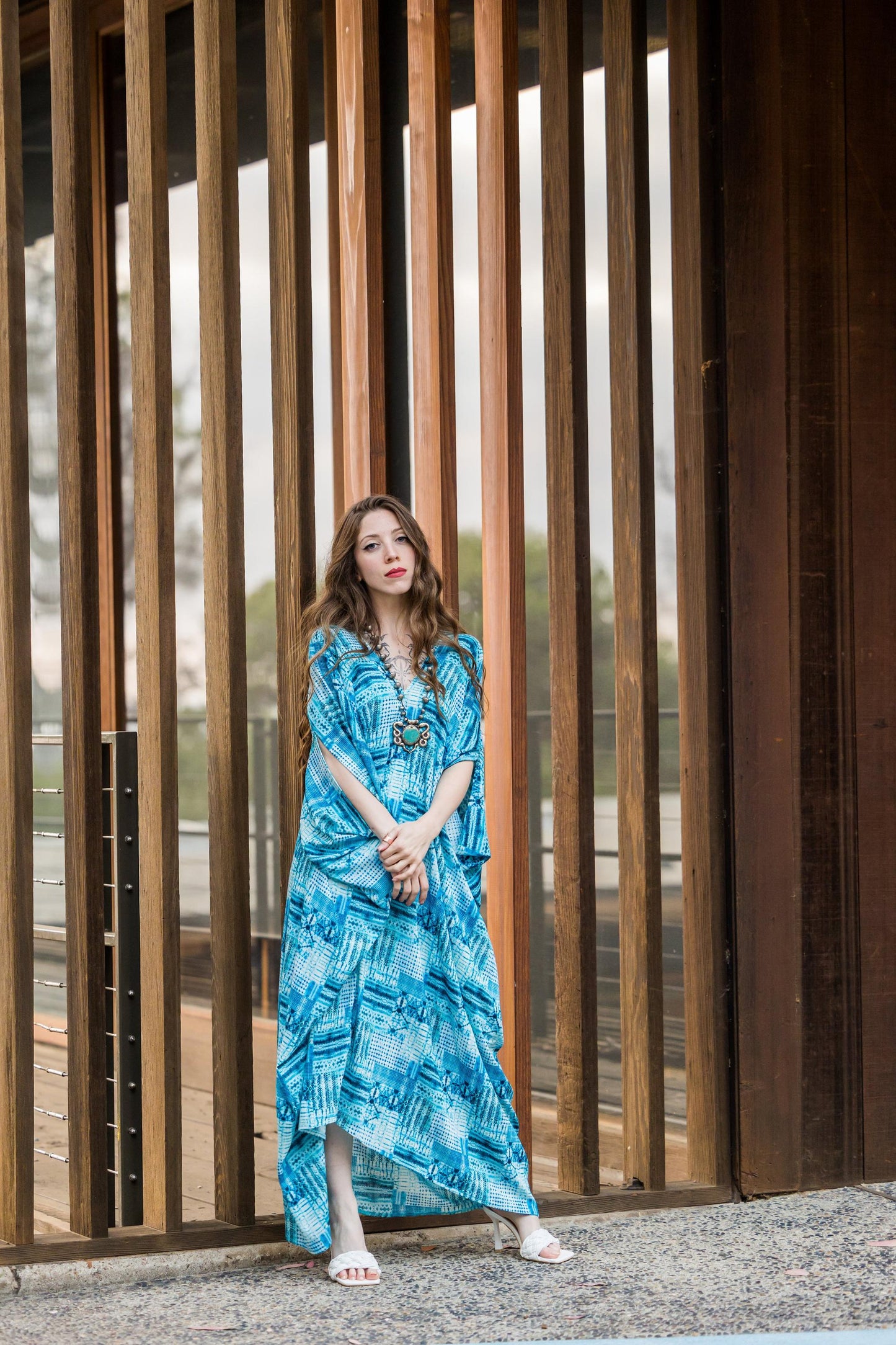 aquarius aqua blue tiki totem caftan kaftan alohacaftan tikioasis jennafergrace tikibar dress layering coverup unisex handmade jennafergrace