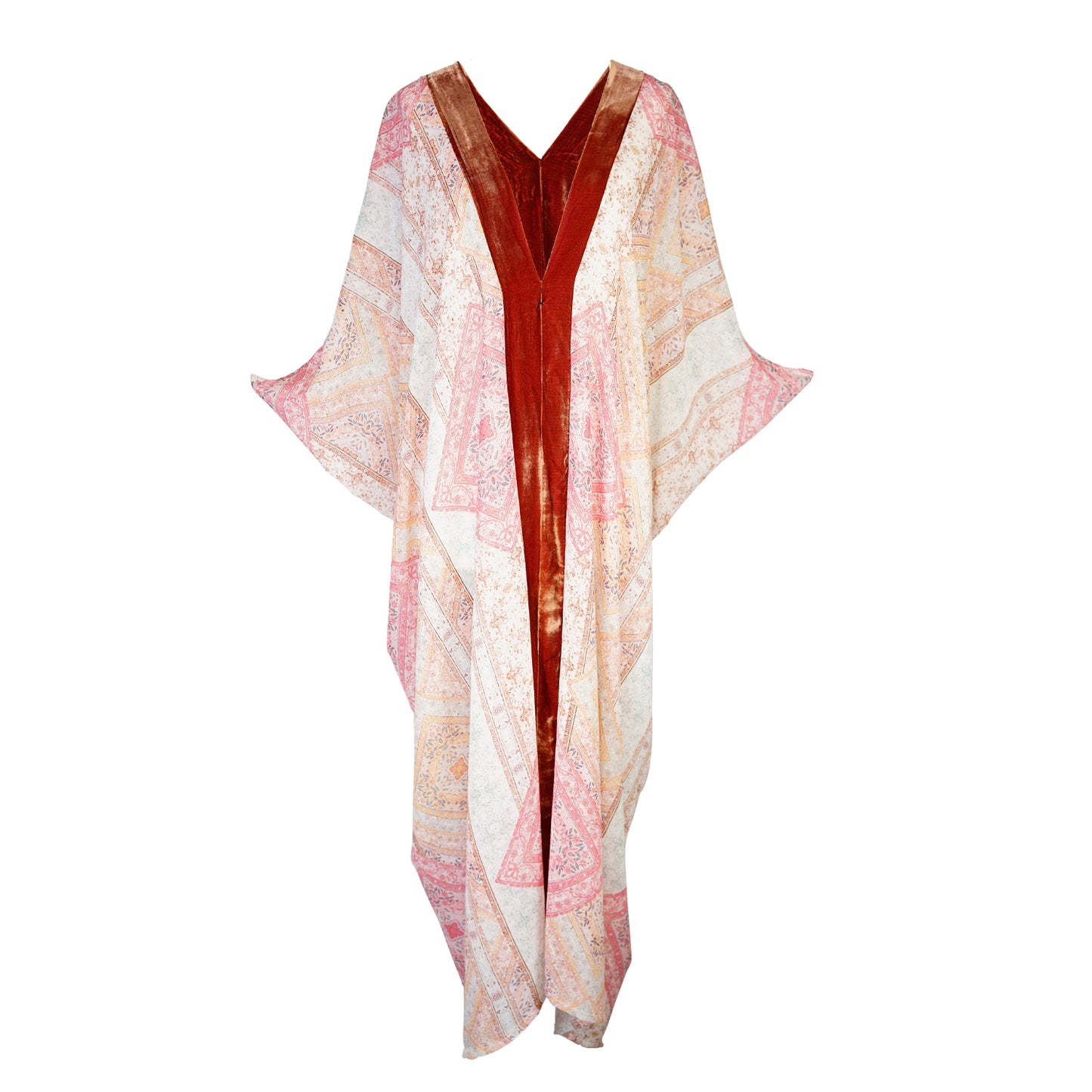 Jennafer Grace Athena Deluxe caftan soft orange rust copper silk velvet sheer white orange scarf print chiffon kaftan mumu shift dress coverup boho bohemian hippie romantic whimsical beach resort spa cabana lounge loungewear layering unisex handmade in California USA