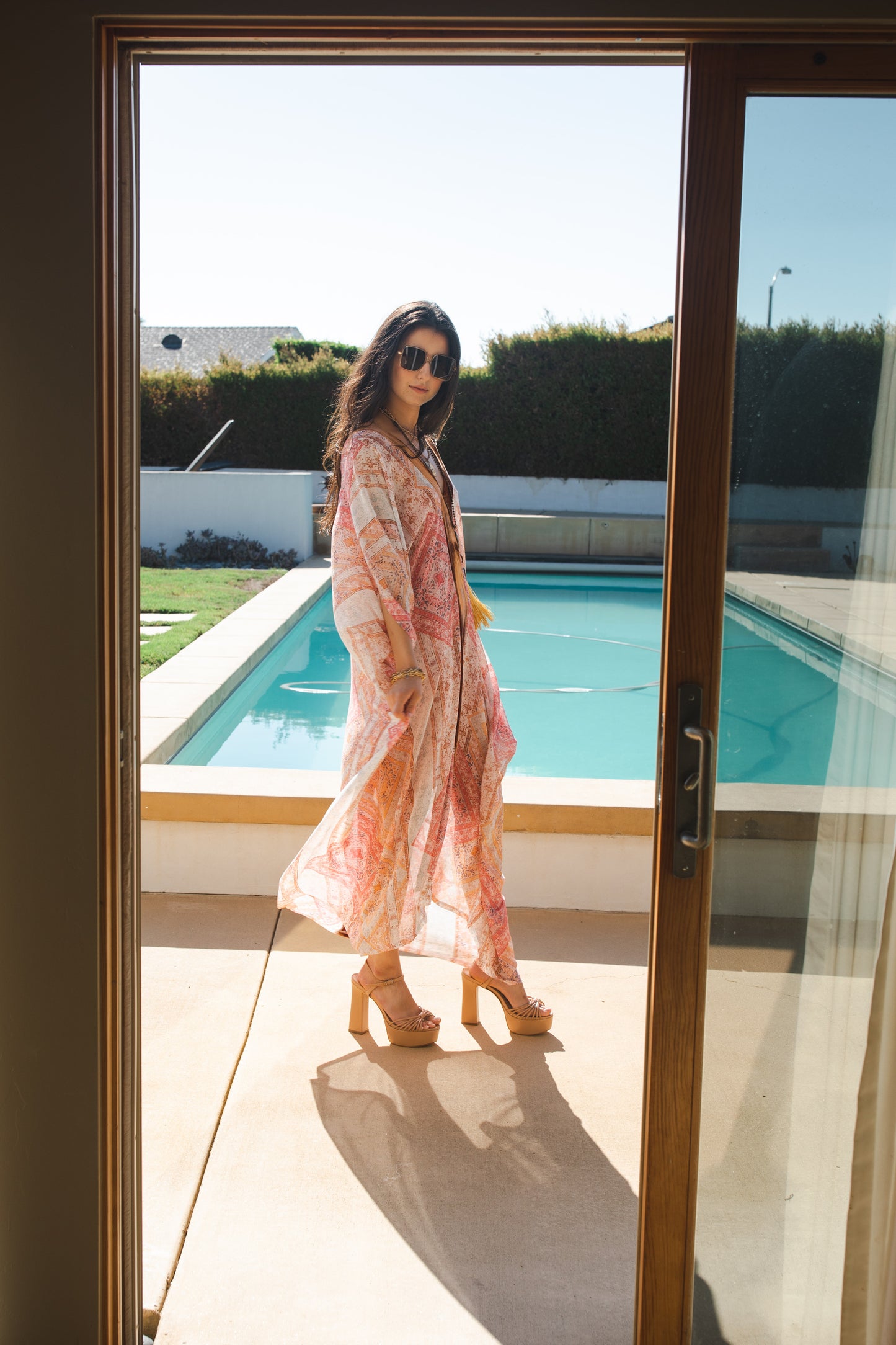 Jennafer Grace Athena Deluxe caftan soft orange rust copper silk velvet sheer white orange scarf print chiffon kaftan mumu shift dress coverup boho bohemian hippie romantic whimsical beach resort spa cabana lounge loungewear layering unisex handmade in California USA