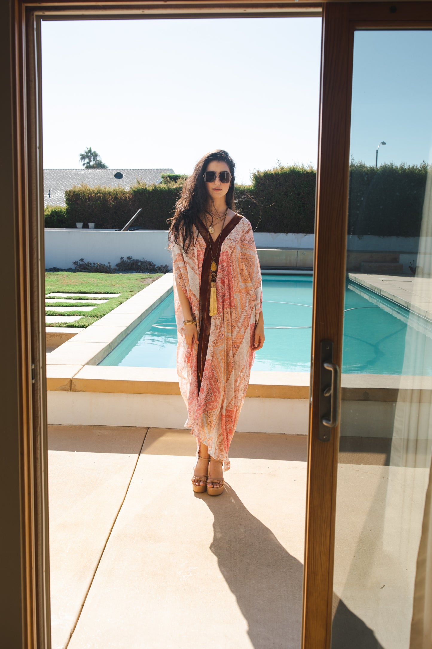 Jennafer Grace Athena Deluxe caftan soft orange rust copper silk velvet sheer white orange scarf print chiffon kaftan mumu shift dress coverup boho bohemian hippie romantic whimsical beach resort spa cabana lounge loungewear layering unisex handmade in California USA