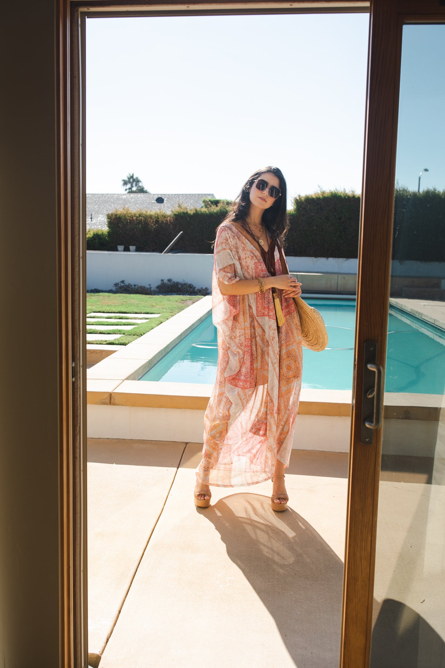 Jennafer Grace Athena Deluxe caftan soft orange rust copper silk velvet sheer white orange scarf print chiffon kaftan mumu shift dress coverup boho bohemian hippie romantic whimsical beach resort spa cabana lounge loungewear layering unisex handmade in California USA