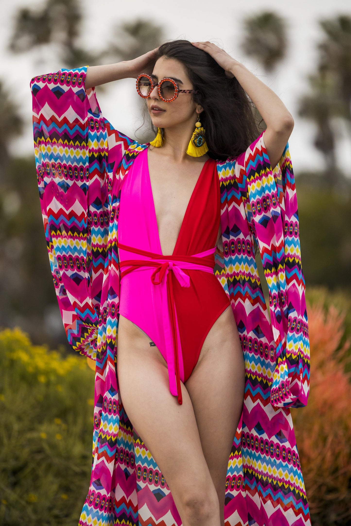 pink, bright, striped, azucar, boho, kimono, wrap dress, original style, jennafergrace, handmade, madeinusa