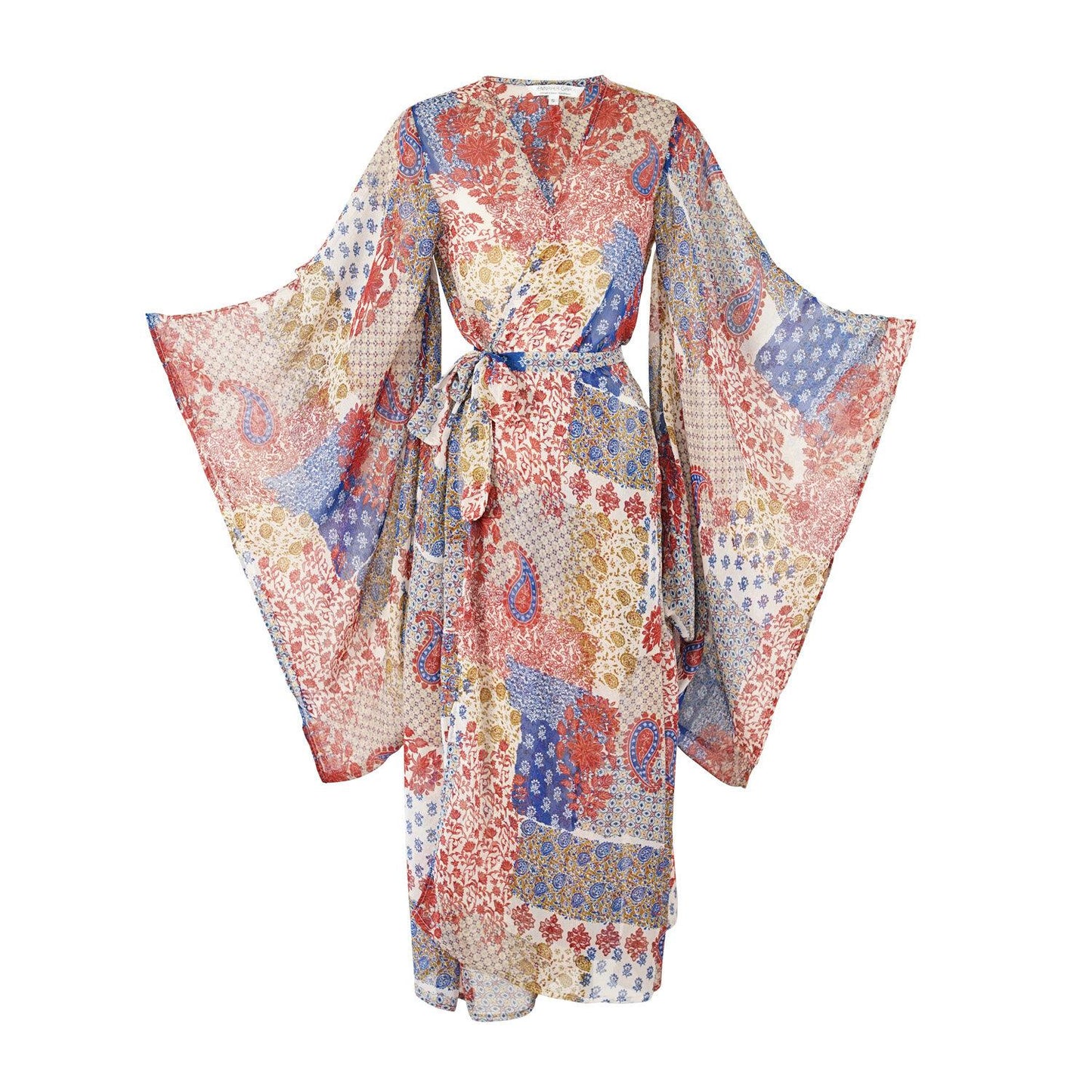 Long sleeve kimono with ankle length hem is made from a soft semi-sheer rayon chiffon. Featuring a paisley boho pattern in a mixture of red, blue, tan, and yellow. It also features pockets and a matching waist tie-you can style this piece in at least 10 ways.