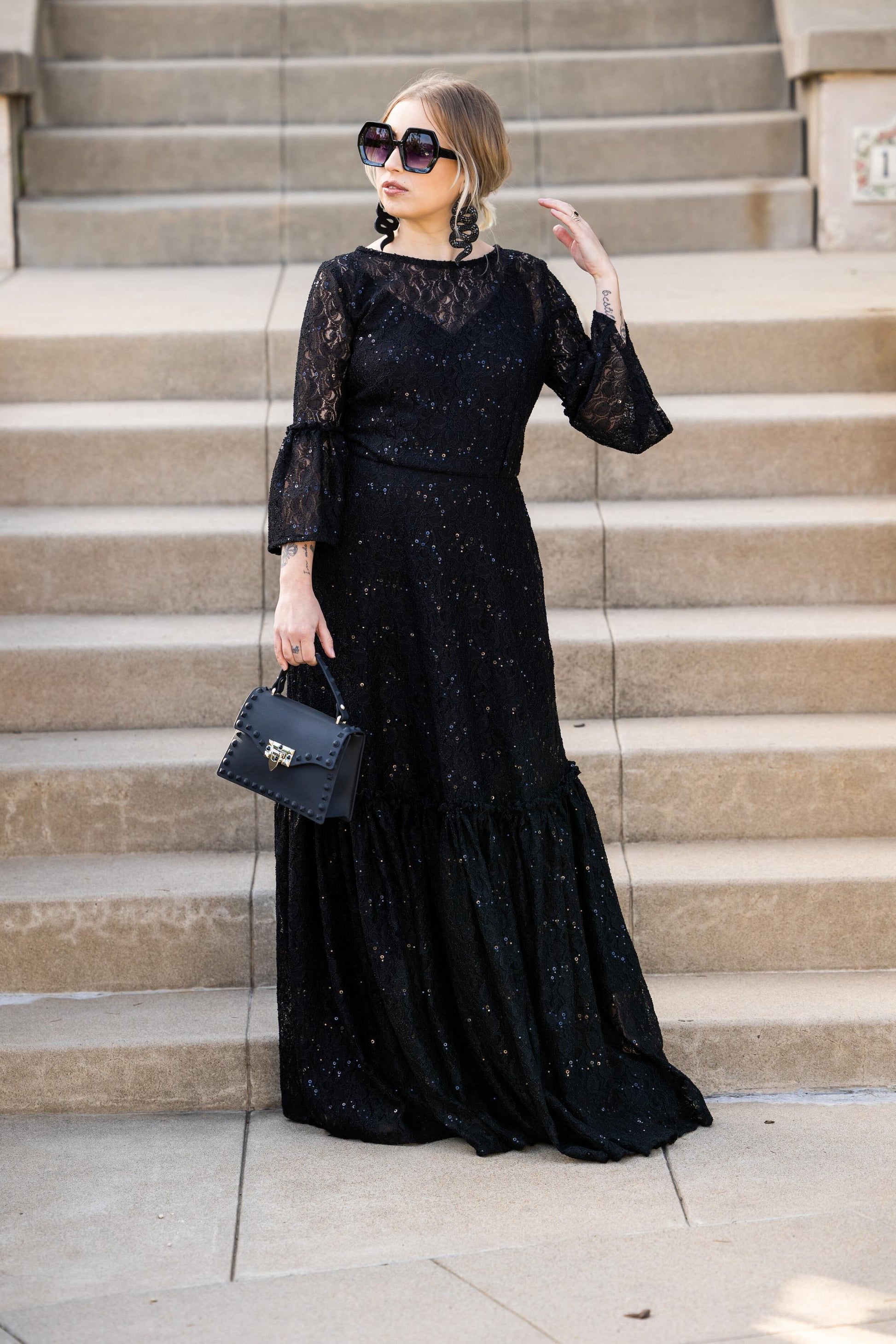 black, lace, ruffle, dress, maxi dress, handmade, madeinusa, jennafergrace