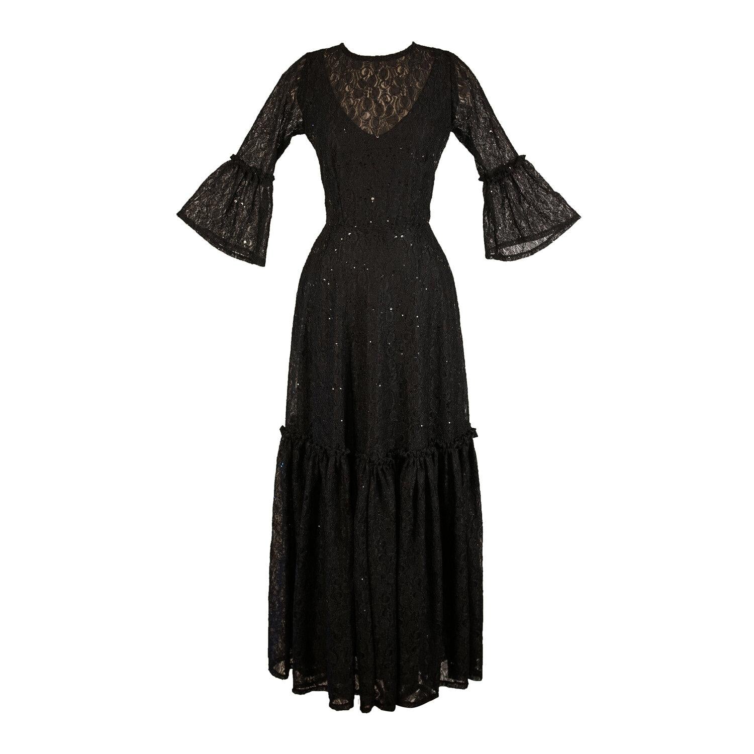 black, lace, ruffle, dress, maxi dress, handmade, madeinusa, jennafergrace