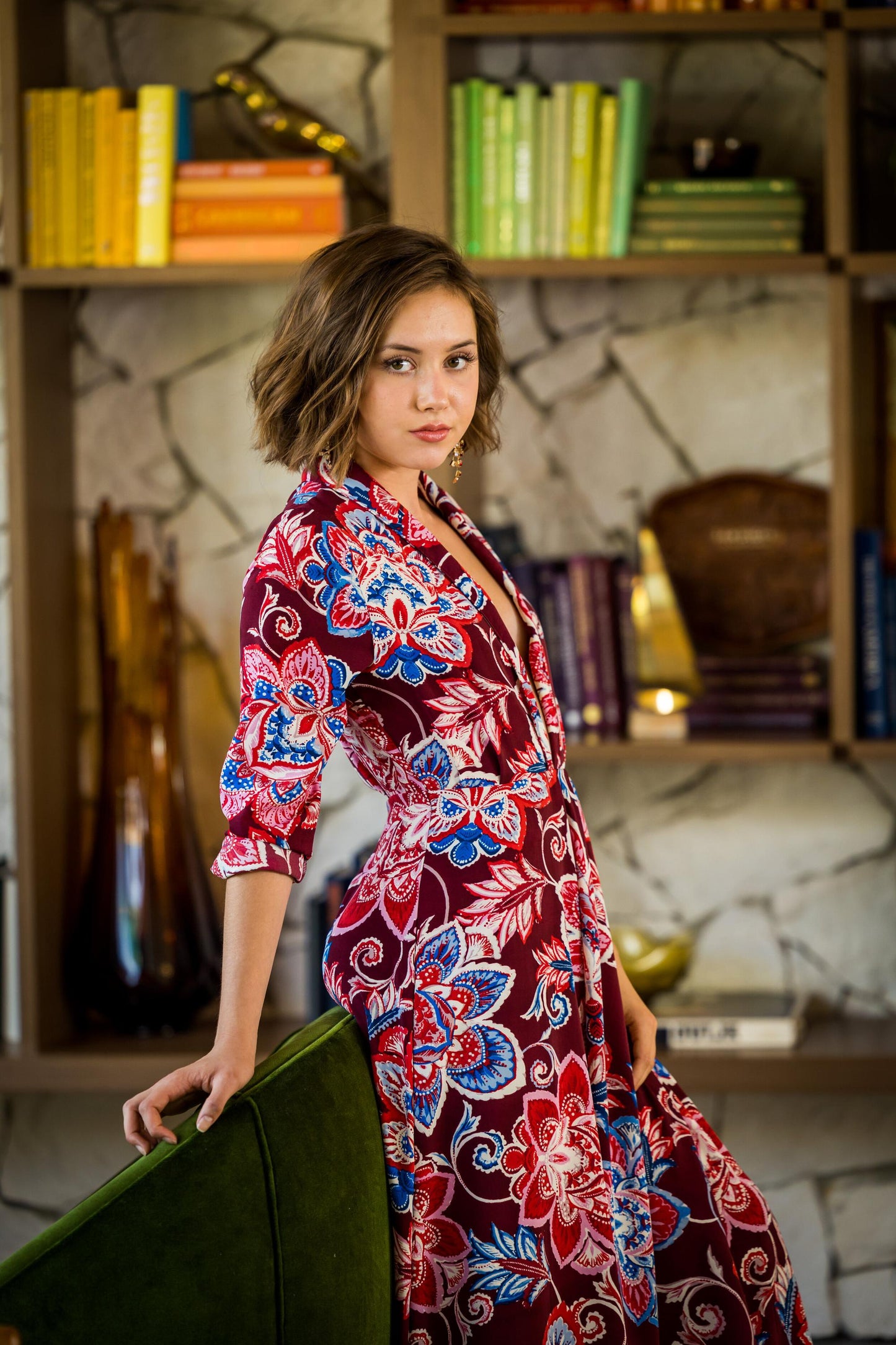 bloom minaret dress maroon red pink blue drape plunge bella jenanfergrace