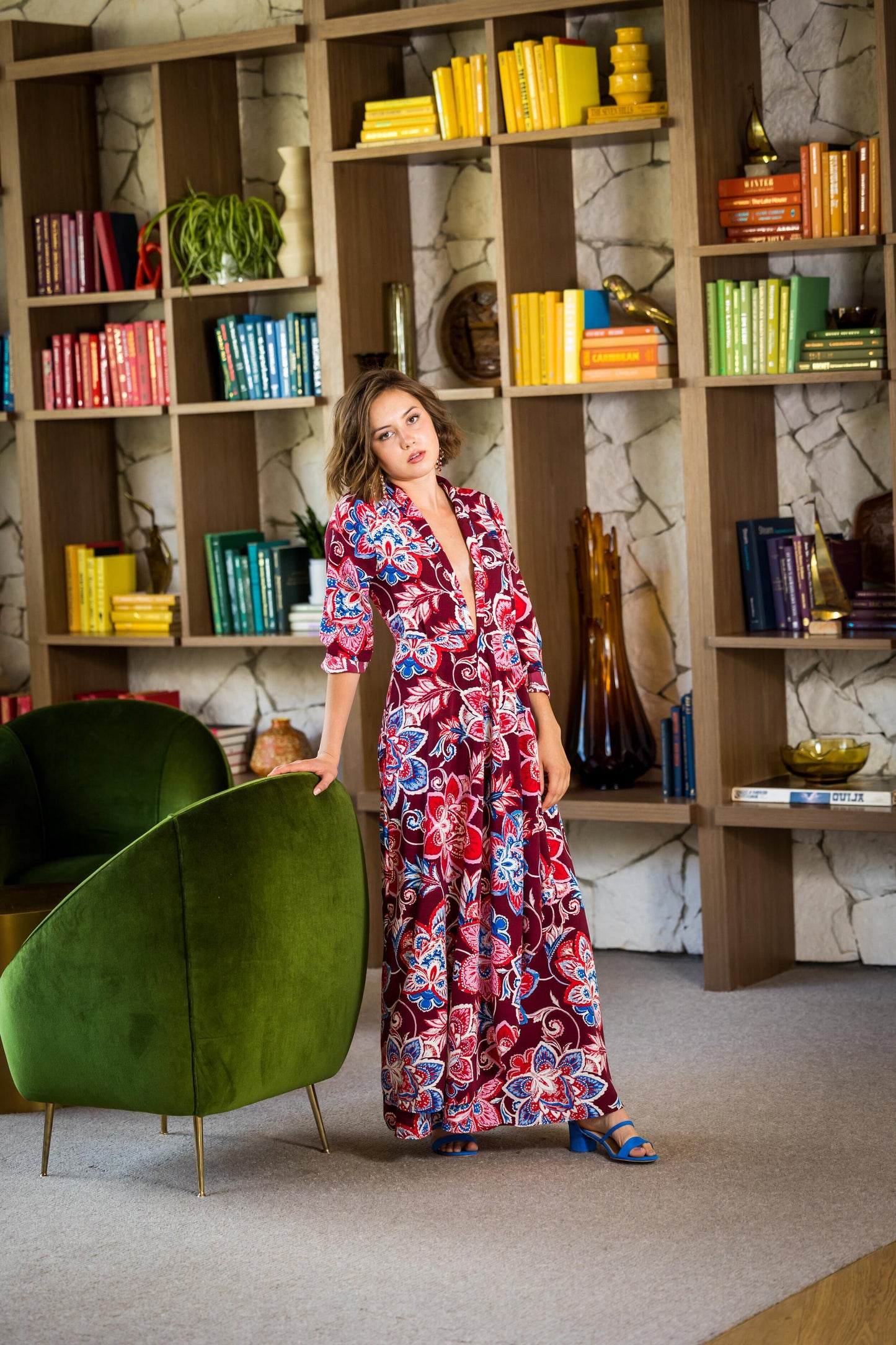 bloom minaret dress maroon red pink blue drape plunge bella jenanfergrace