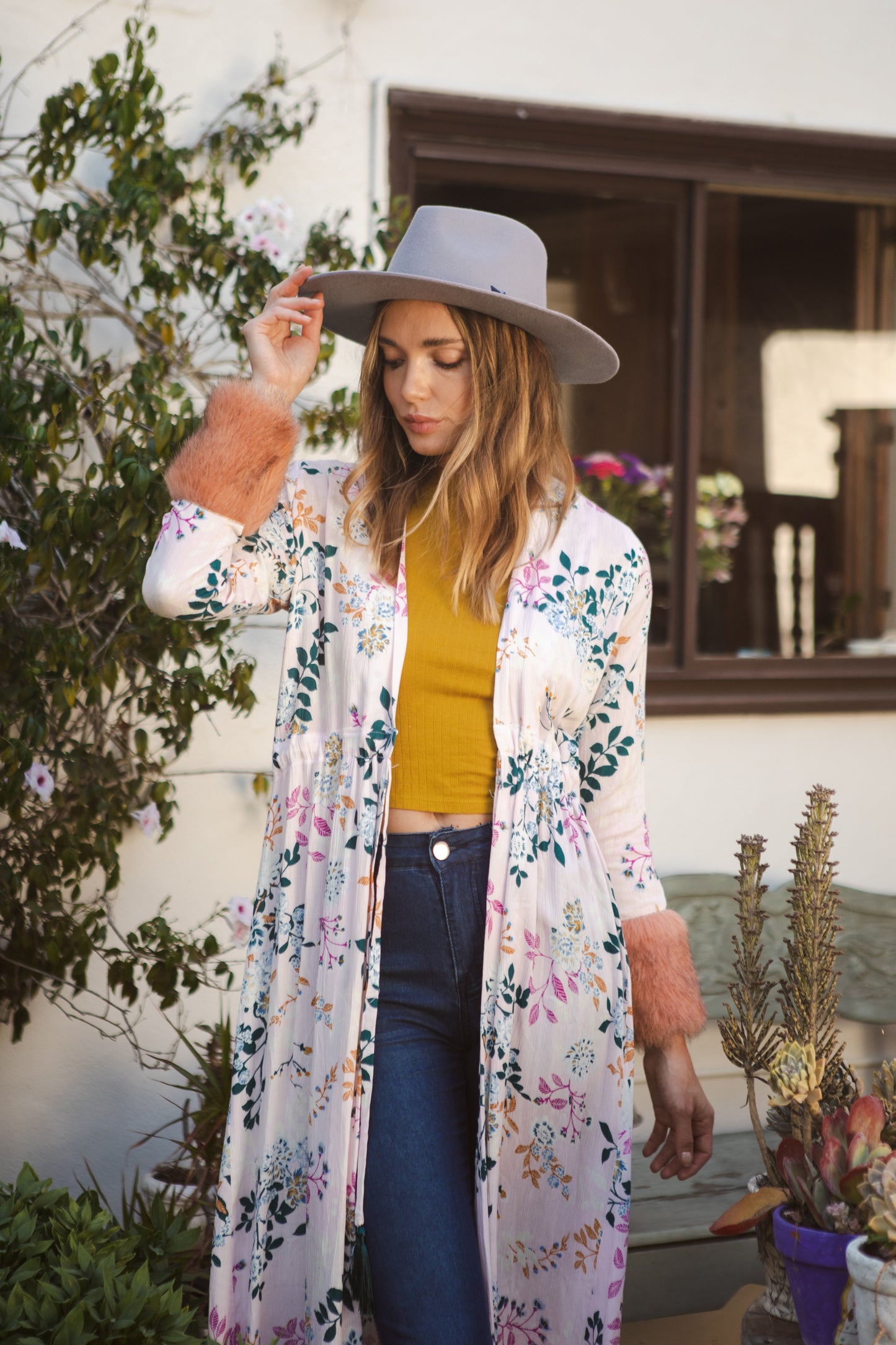 jennafer grace pale pastel floral duster peach alpaca faux fur cuffs light jacket coat robe coverup layering boho bohemian hippie revival unisex handmade in California USA