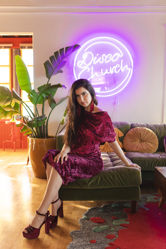 jennafer grace Bordeaux Crushed Velvet angle dress evening wear cocktail midi dress off shoulder one shoulder boat neck simple sexy dark red burgundy wine boho bohemian hippie handmade in california usa