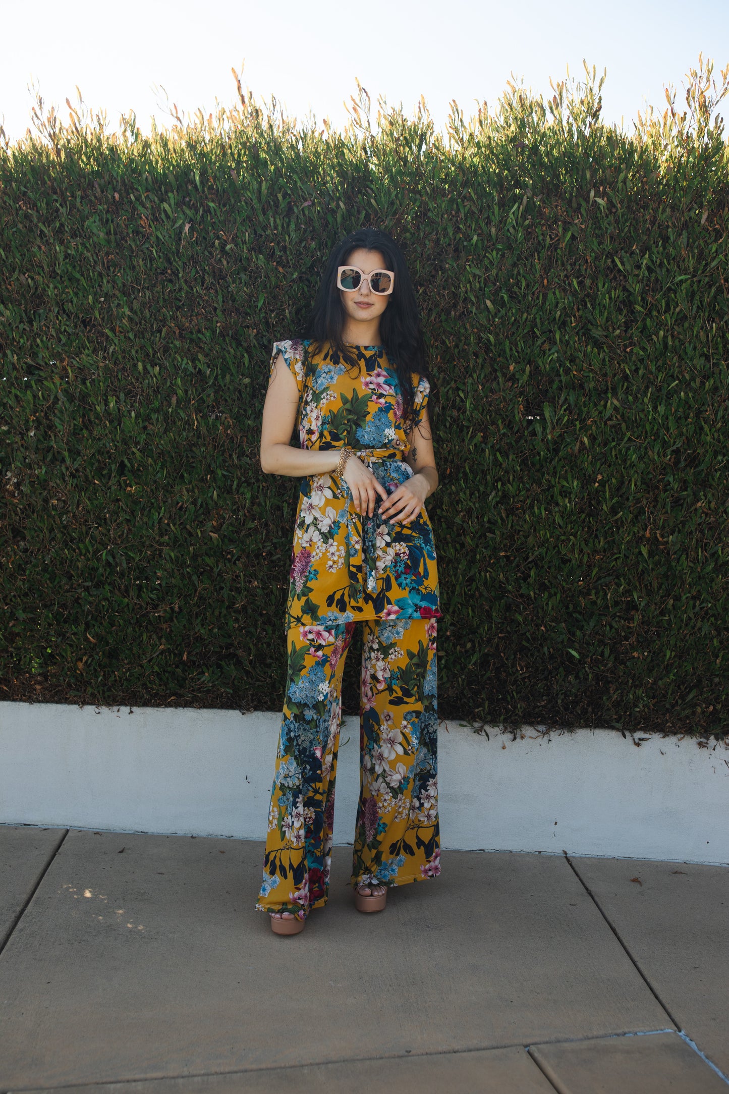 jennafer grace Botanica tunic palazzo pant matching set mustard yellow modern floral green blue pink flowers coord co-ord boho bohemian hippie romantic whimsical lounge loungewear resort nautical cabana beach unisex handmade in california usa