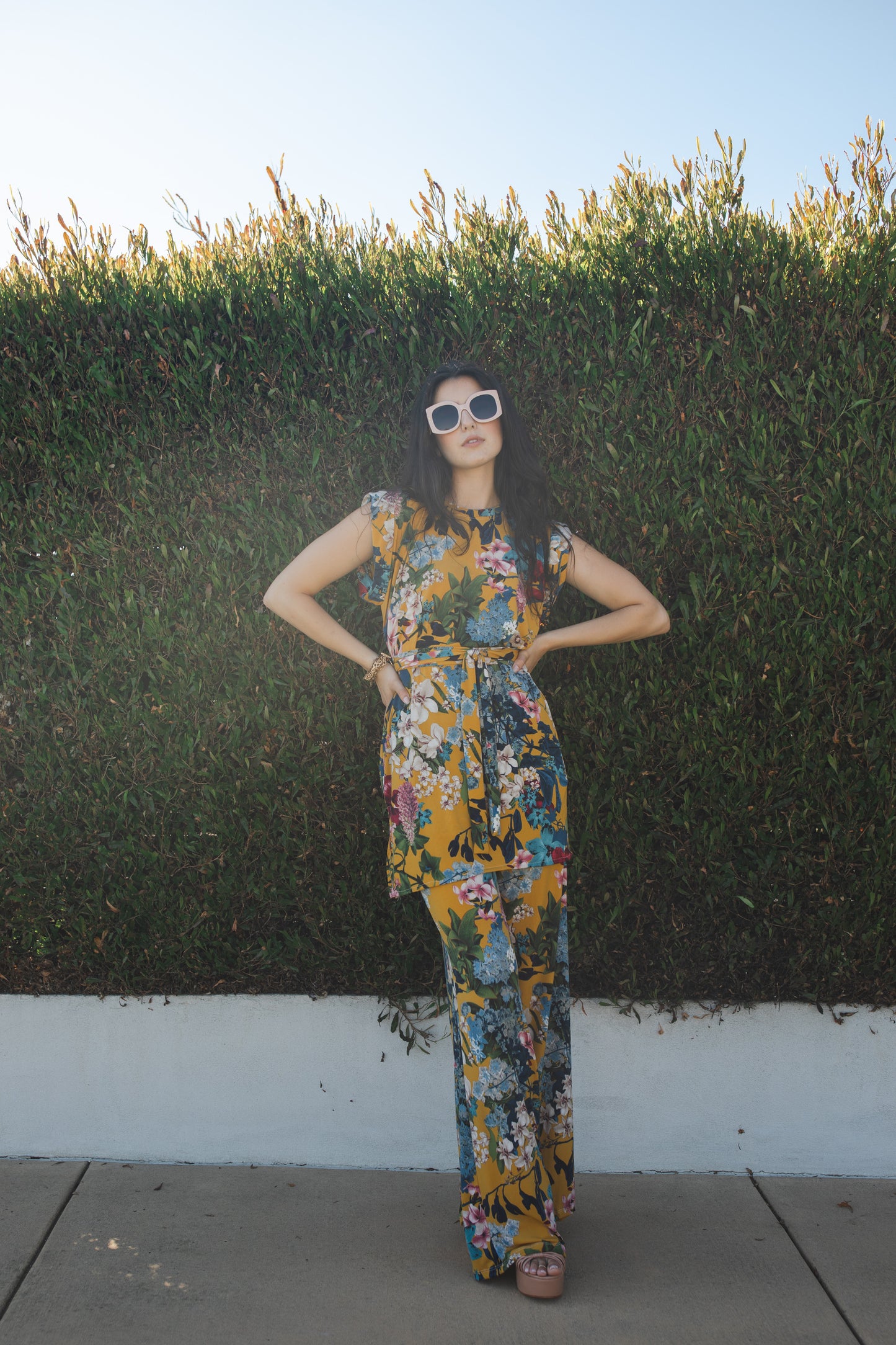jennafer grace Botanica tunic palazzo pant matching set mustard yellow modern floral green blue pink flowers coord co-ord boho bohemian hippie romantic whimsical lounge loungewear resort nautical cabana beach unisex handmade in california usa