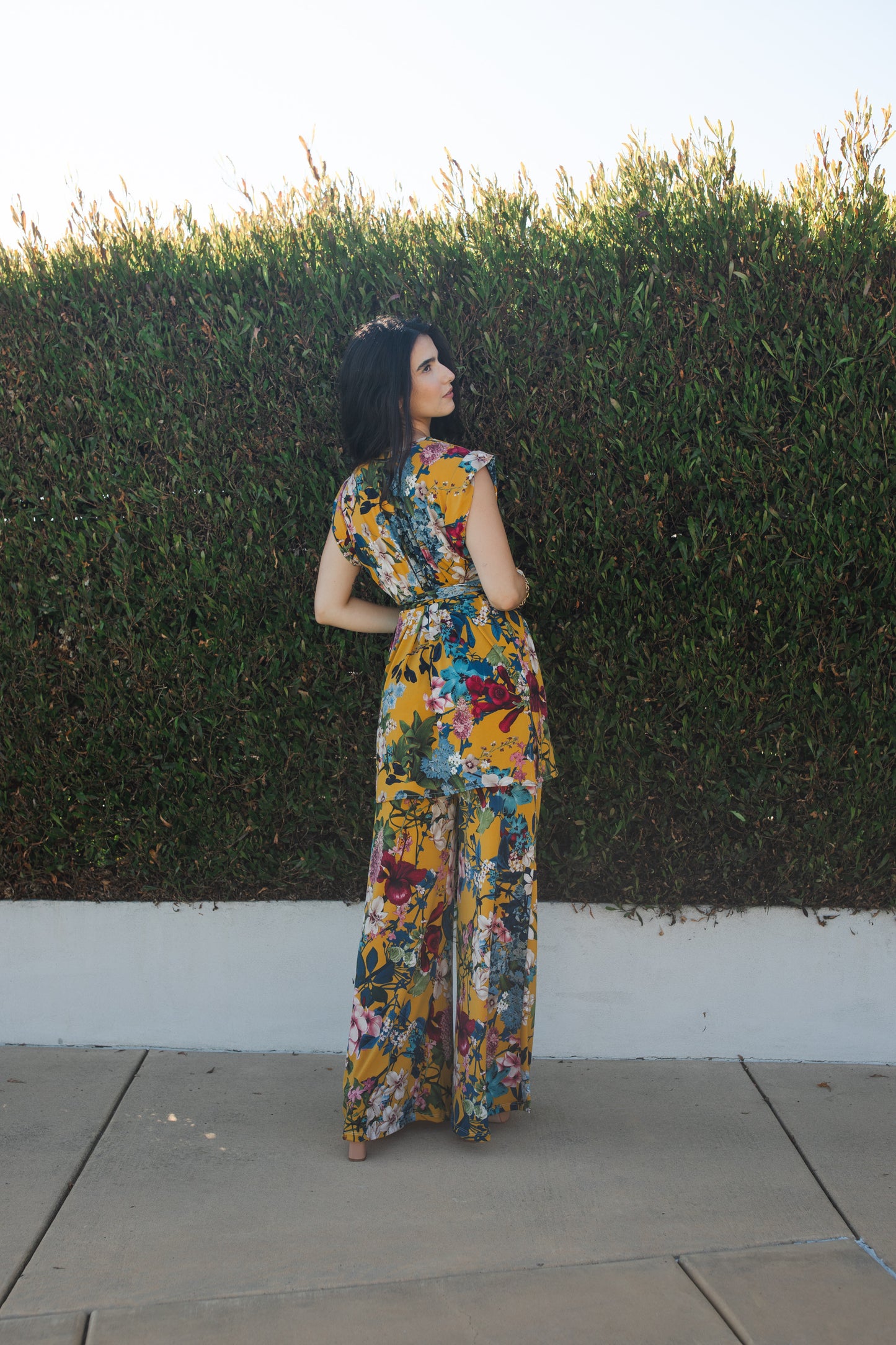 jennafer grace Botanica tunic palazzo pant matching set mustard yellow modern floral green blue pink flowers coord co-ord boho bohemian hippie romantic whimsical lounge loungewear resort nautical cabana beach unisex handmade in california usa