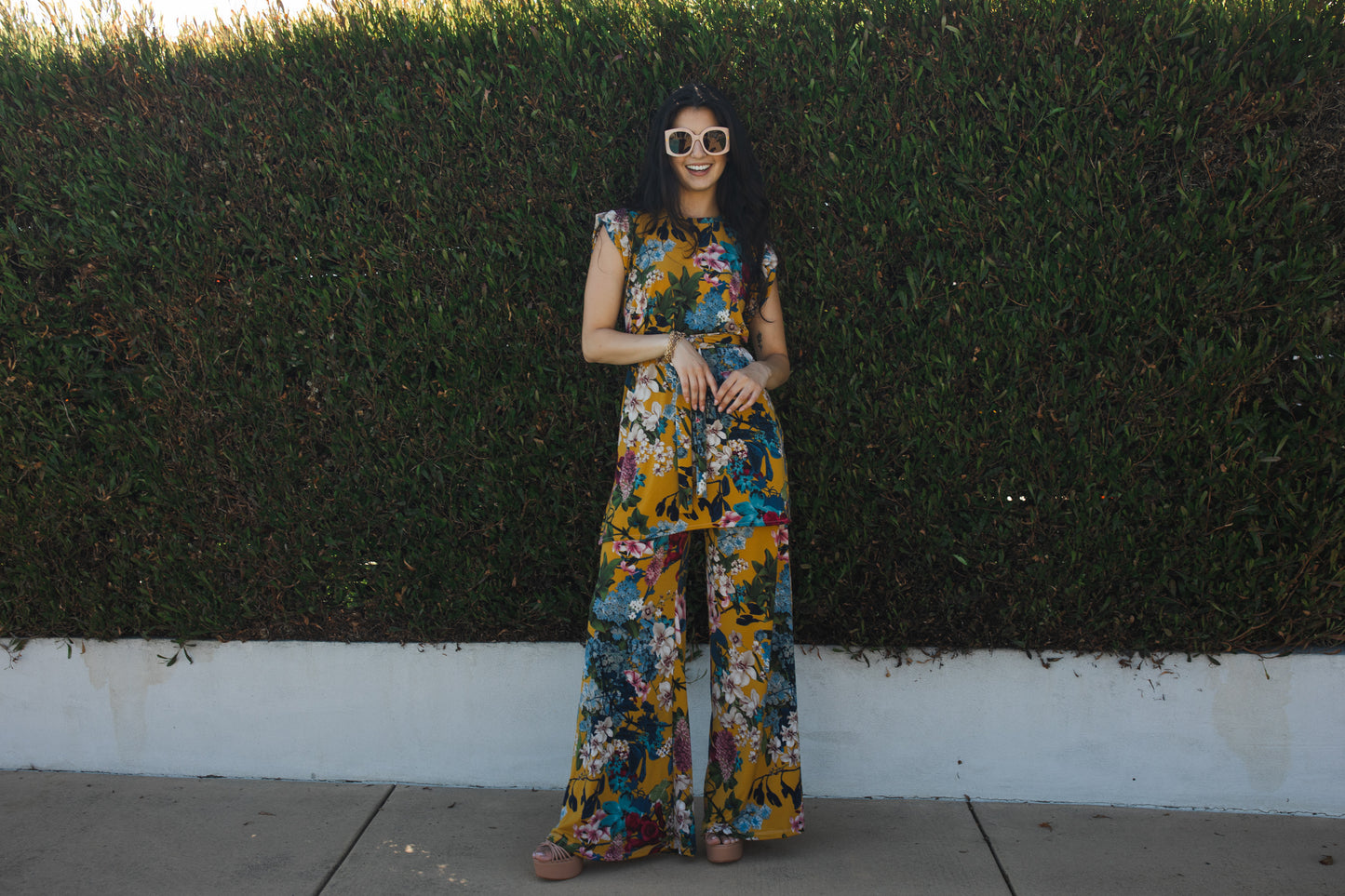 jennafer grace Botanica tunic palazzo pant matching set mustard yellow modern floral green blue pink flowers coord co-ord boho bohemian hippie romantic whimsical lounge loungewear resort nautical cabana beach unisex handmade in california usa