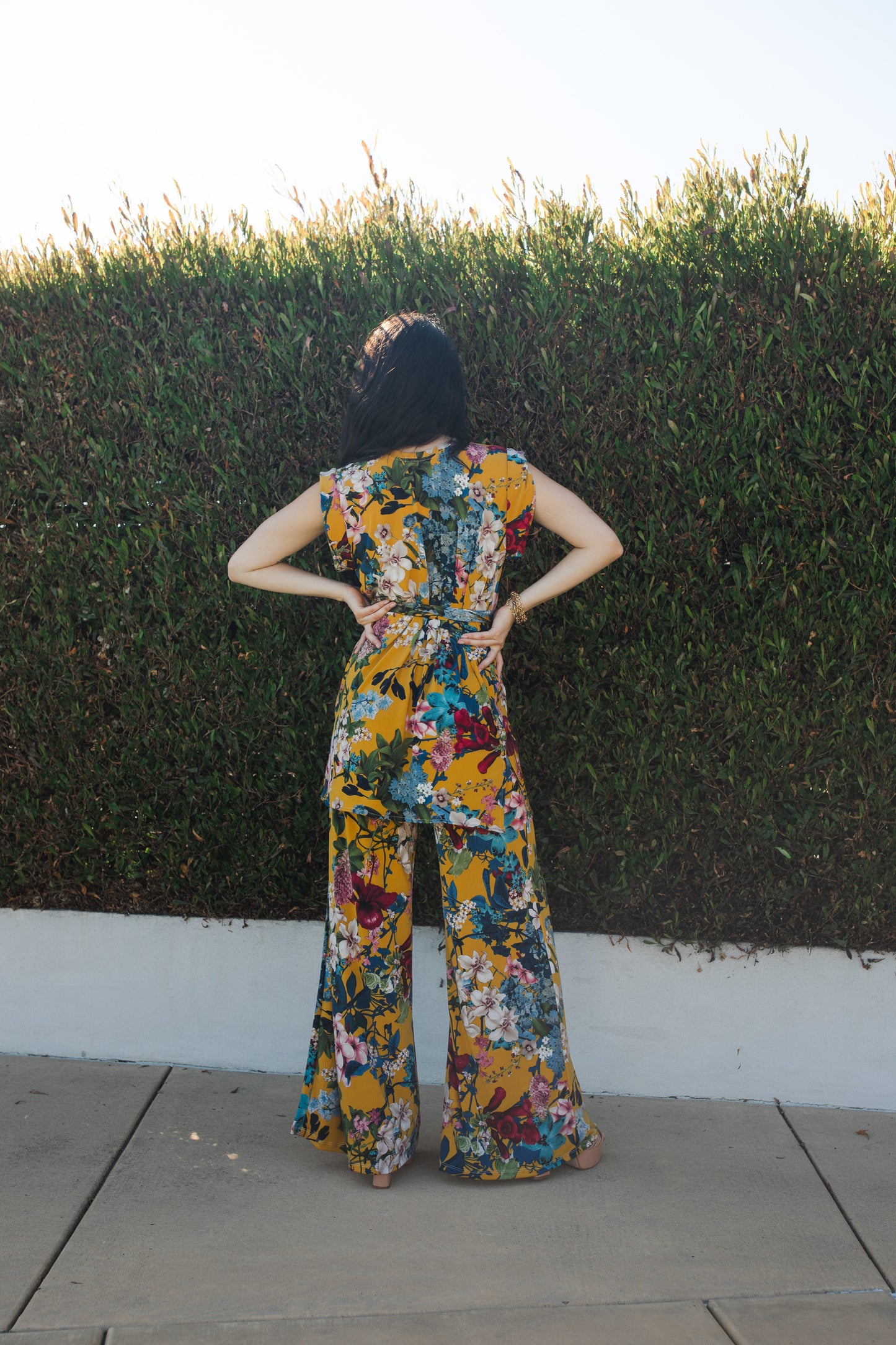 jennafer grace Botanica tunic palazzo pant matching set mustard yellow modern floral green blue pink flowers coord co-ord boho bohemian hippie romantic whimsical lounge loungewear resort nautical cabana beach unisex handmade in california usa