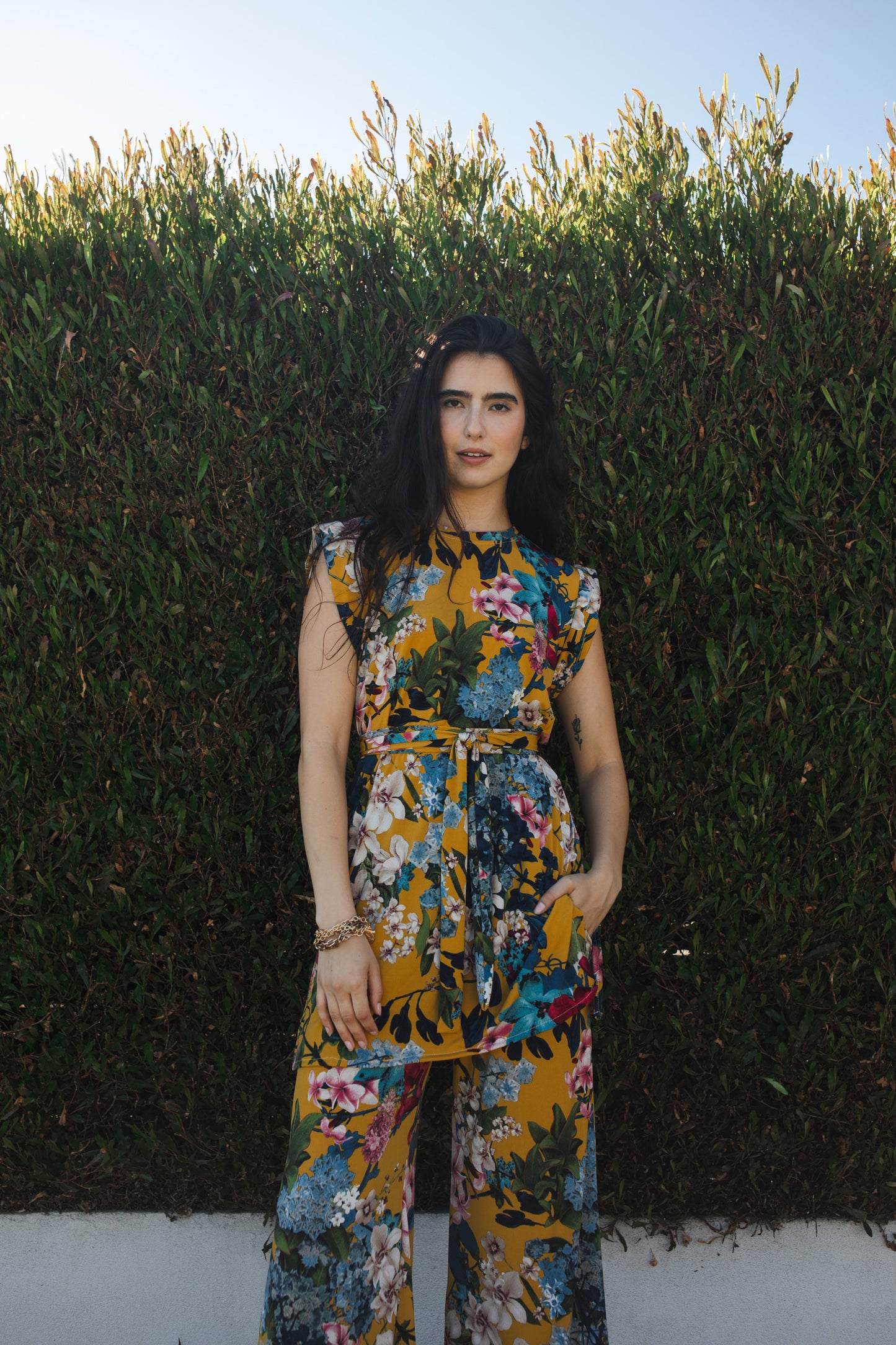jennafer grace Botanica tunic palazzo pant matching set mustard yellow modern floral green blue pink flowers coord co-ord boho bohemian hippie romantic whimsical lounge loungewear resort nautical cabana beach unisex handmade in california usa