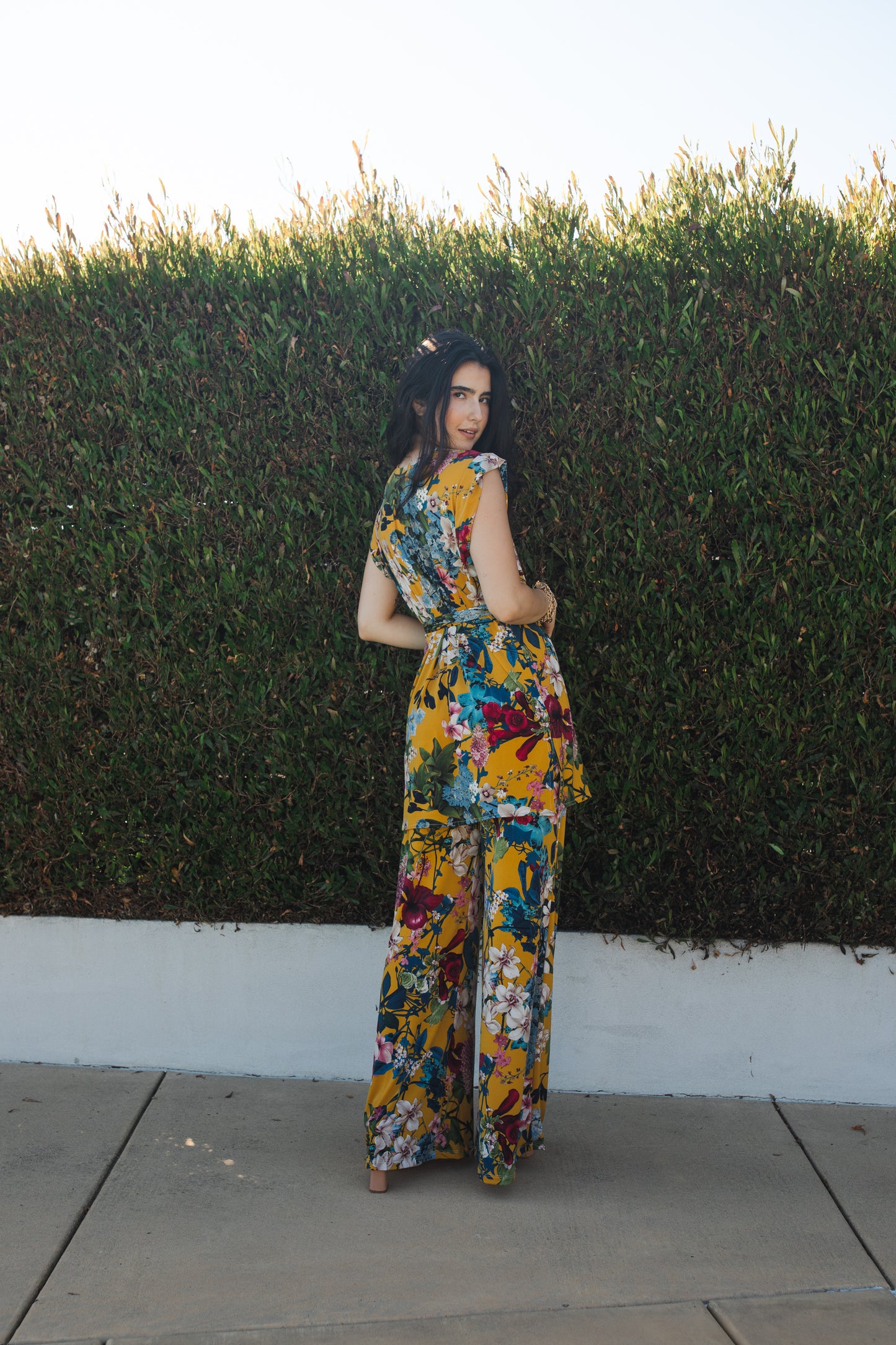 jennafer grace Botanica tunic palazzo pant matching set mustard yellow modern floral green blue pink flowers coord co-ord boho bohemian hippie romantic whimsical lounge loungewear resort nautical cabana beach unisex handmade in california usa