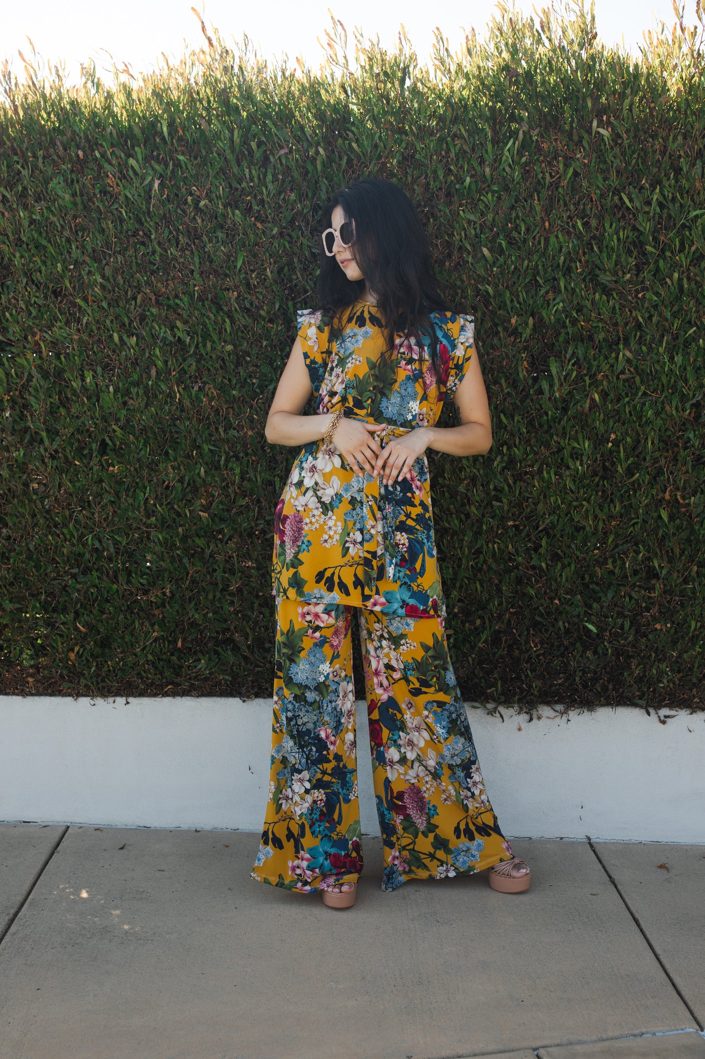 jennafer grace Botanica tunic palazzo pant matching set mustard yellow modern floral green blue pink flowers coord co-ord boho bohemian hippie romantic whimsical lounge loungewear resort nautical cabana beach unisex handmade in california usa