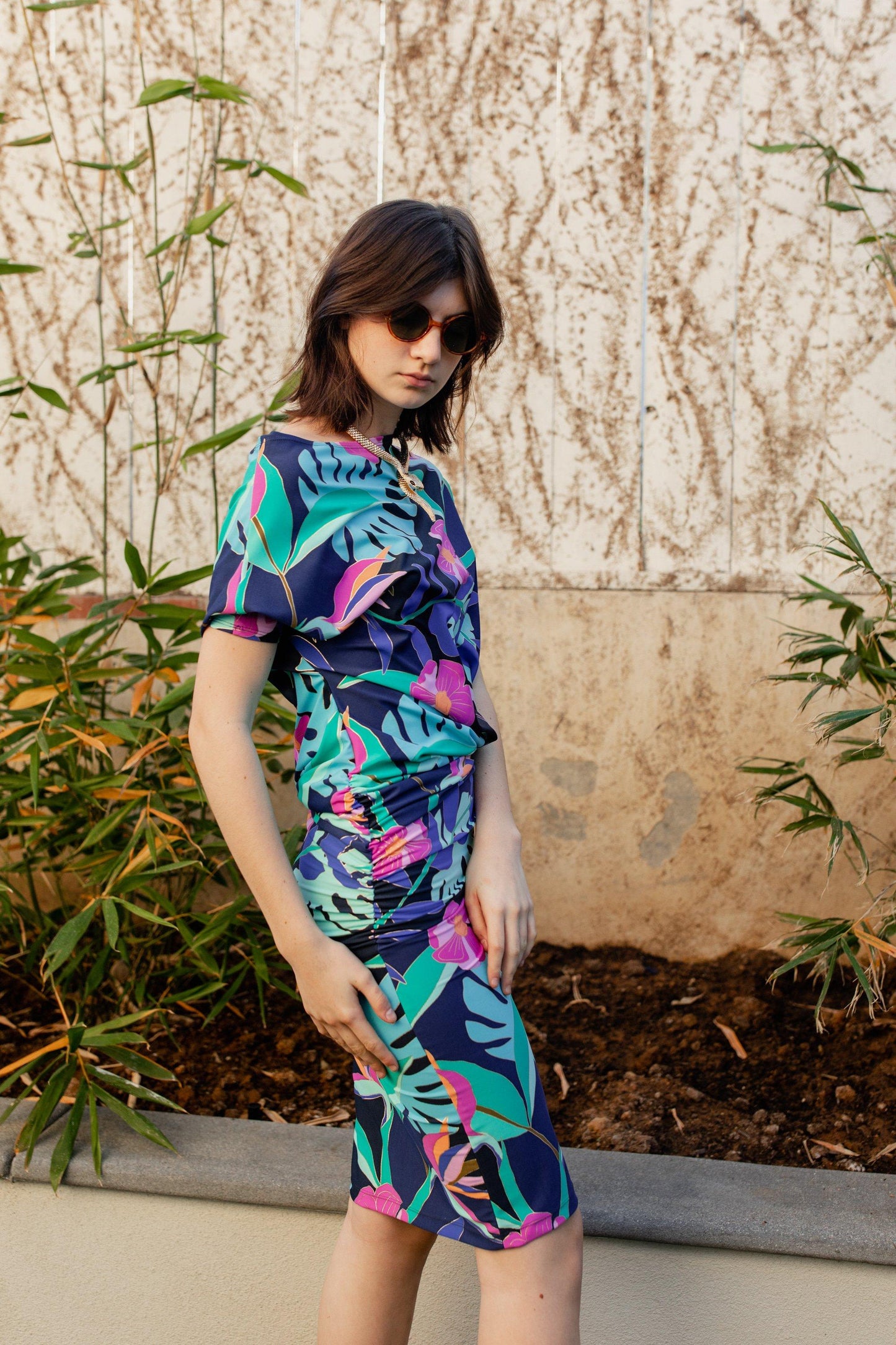 jennafer grace brasilia angle dress evening wear cocktail off shoulder one shoulder boat neck simple sexy tropical techno palm frond leaf neon botanical print 80s retro boho bohemian hippie handmade