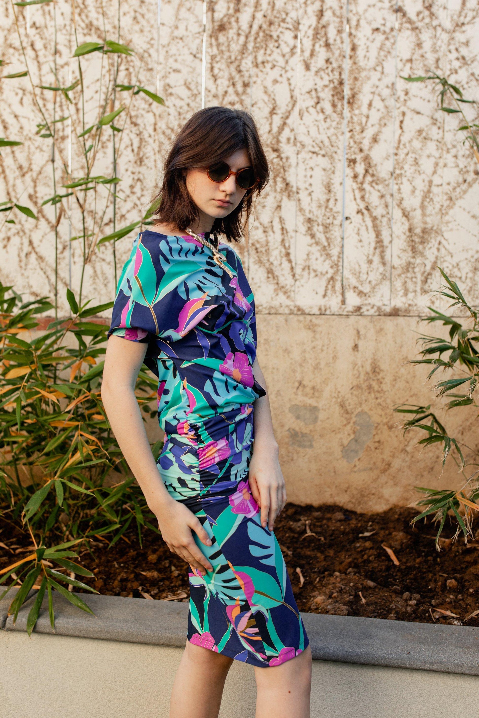 jennafer grace brasilia angle dress evening wear cocktail off shoulder one shoulder boat neck simple sexy tropical techno palm frond leaf neon botanical print 80s retro boho bohemian hippie handmade