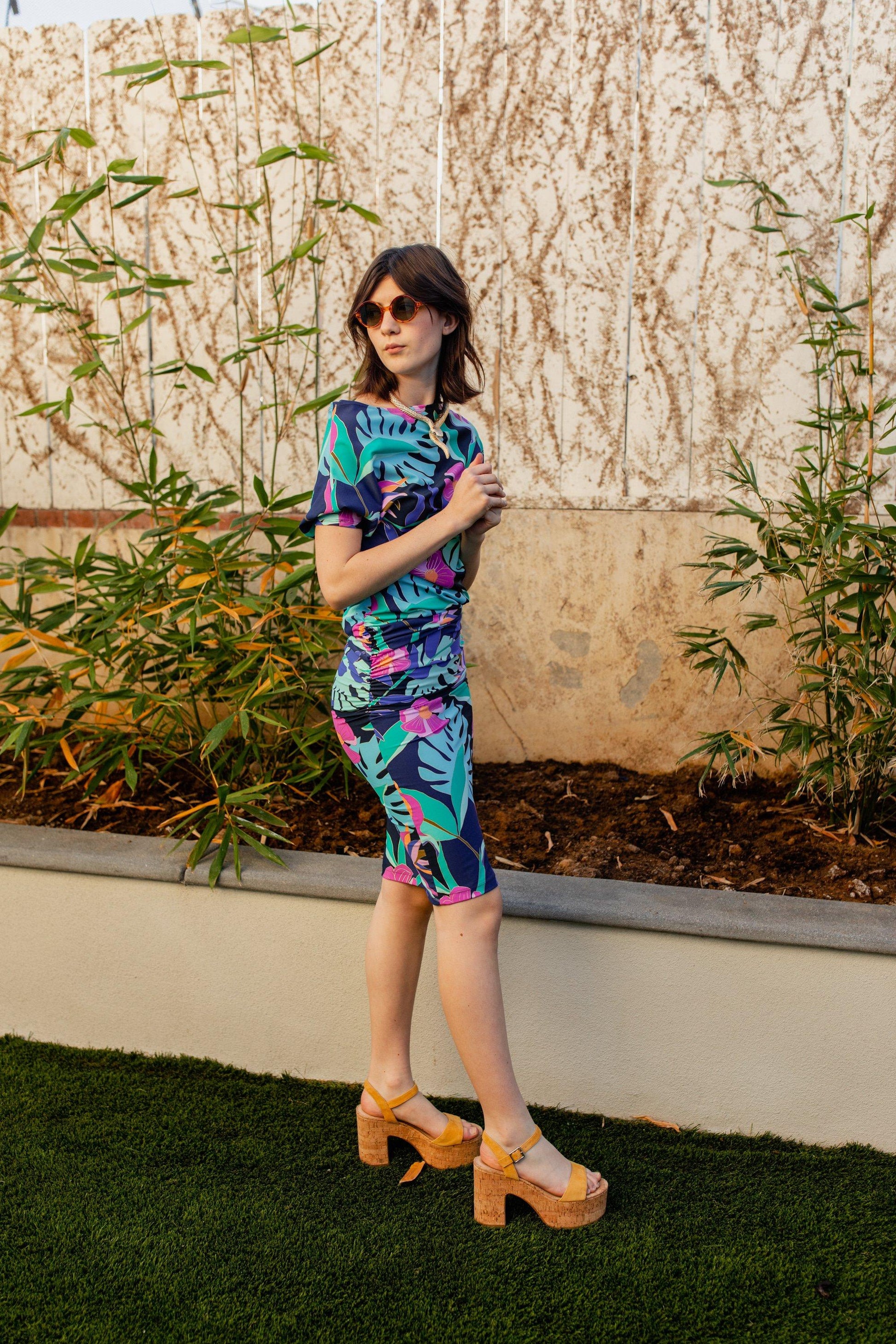 jennafer grace brasilia angle dress evening wear cocktail off shoulder one shoulder boat neck simple sexy tropical techno palm frond leaf neon botanical print 80s retro boho bohemian hippie handmade