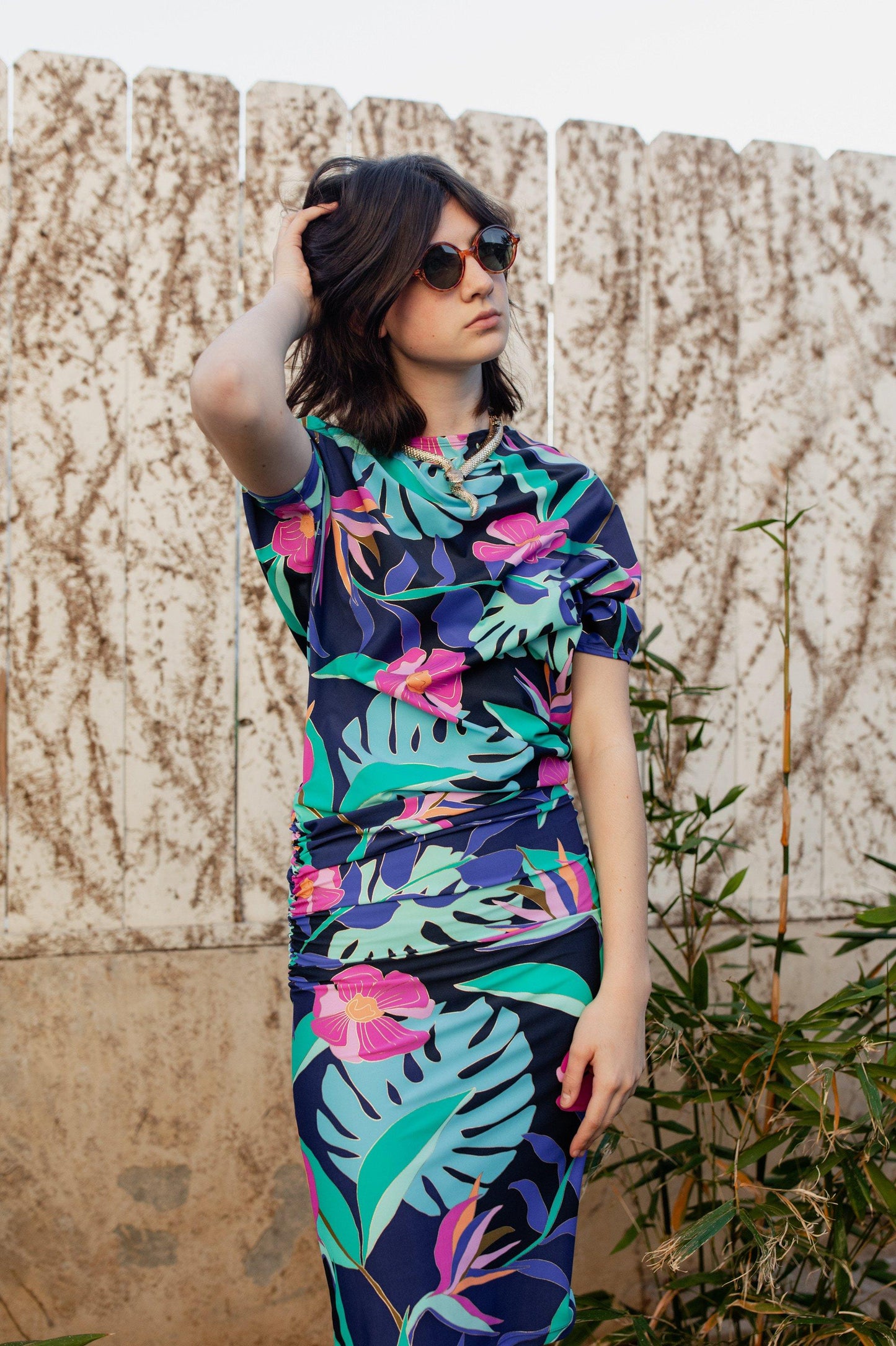jennafer grace brasilia angle dress evening wear cocktail off shoulder one shoulder boat neck simple sexy tropical techno palm frond leaf neon botanical print 80s retro boho bohemian hippie handmade