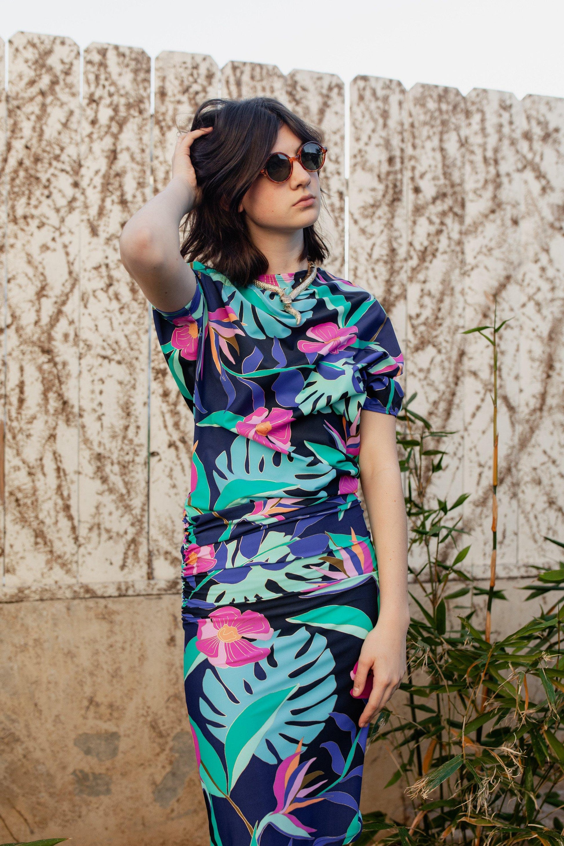 jennafer grace brasilia angle dress evening wear cocktail off shoulder one shoulder boat neck simple sexy tropical techno palm frond leaf neon botanical print 80s retro boho bohemian hippie handmade