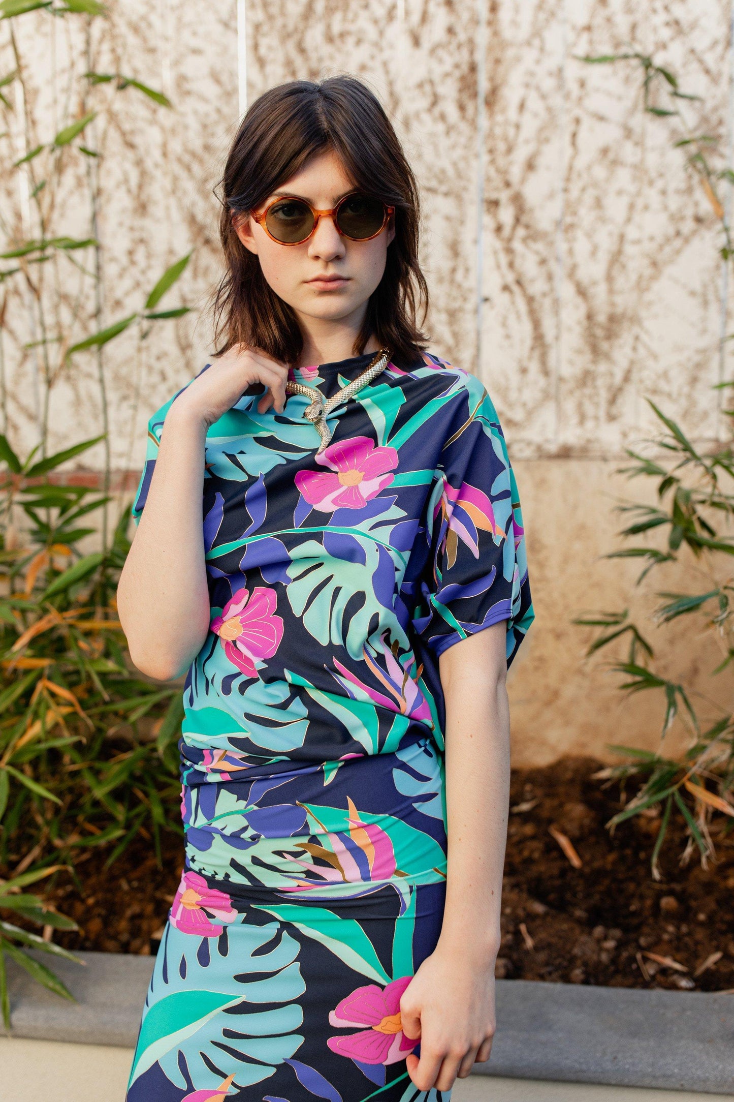 jennafer grace brasilia angle dress evening wear cocktail off shoulder one shoulder boat neck simple sexy tropical techno palm frond leaf neon botanical print 80s retro boho bohemian hippie handmade