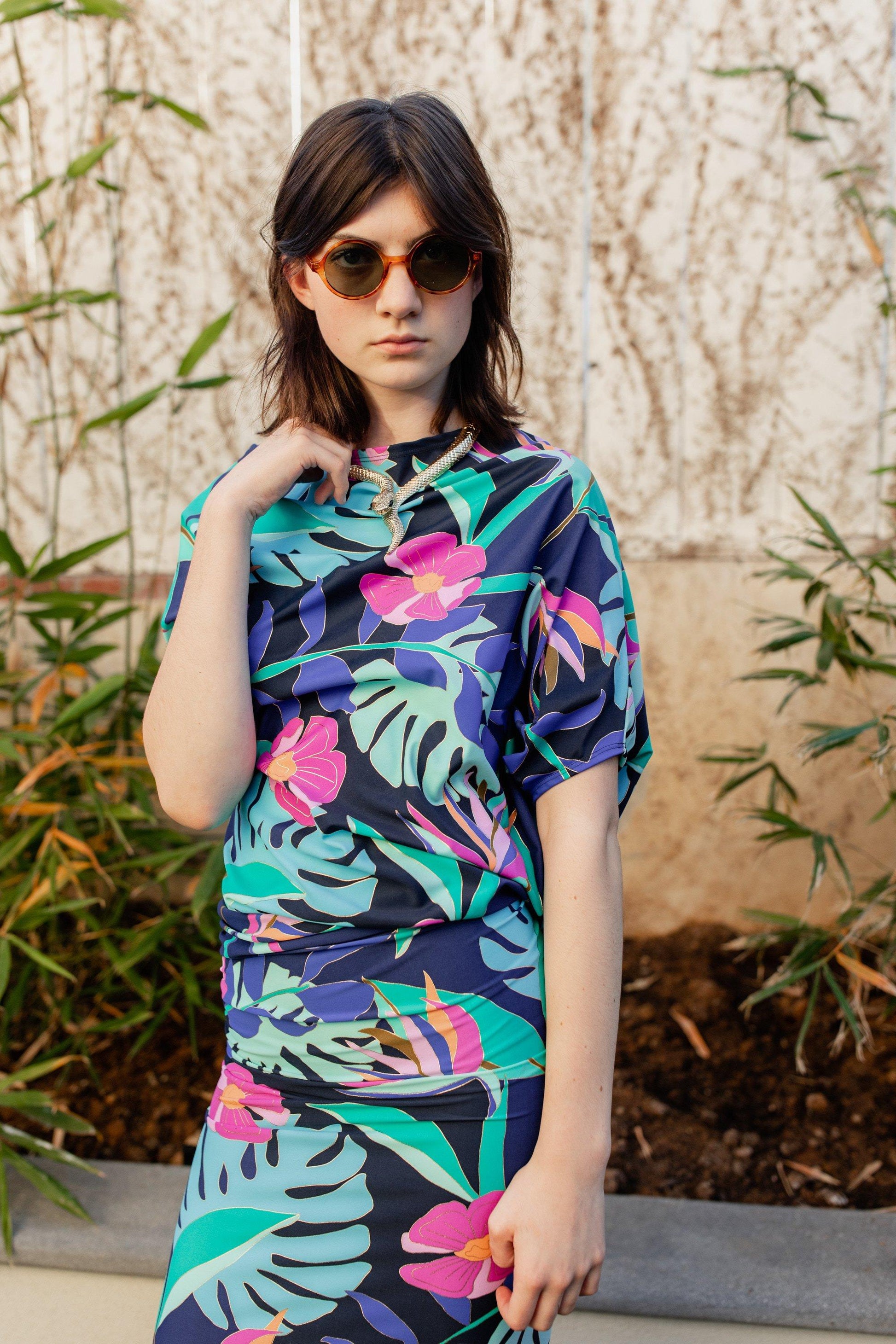 jennafer grace brasilia angle dress evening wear cocktail off shoulder one shoulder boat neck simple sexy tropical techno palm frond leaf neon botanical print 80s retro boho bohemian hippie handmade