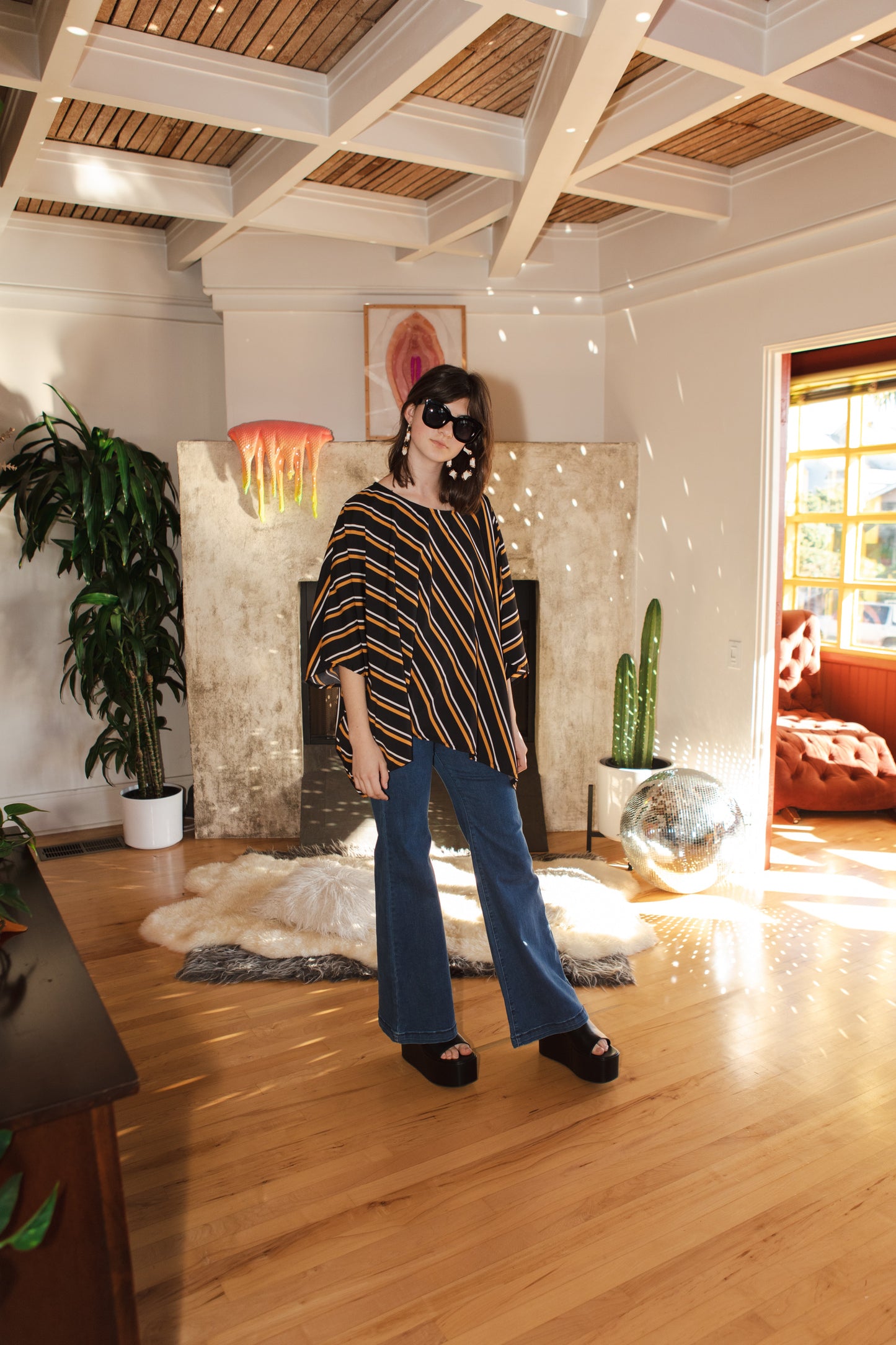 jennafer grace Busy Bee scarf top black yellow white stripes stripse boho bohemian hippie romantic whimsical resort lounge holiday evening wear retro 20s 30s 1920s 1930s unisex handmade in california usa