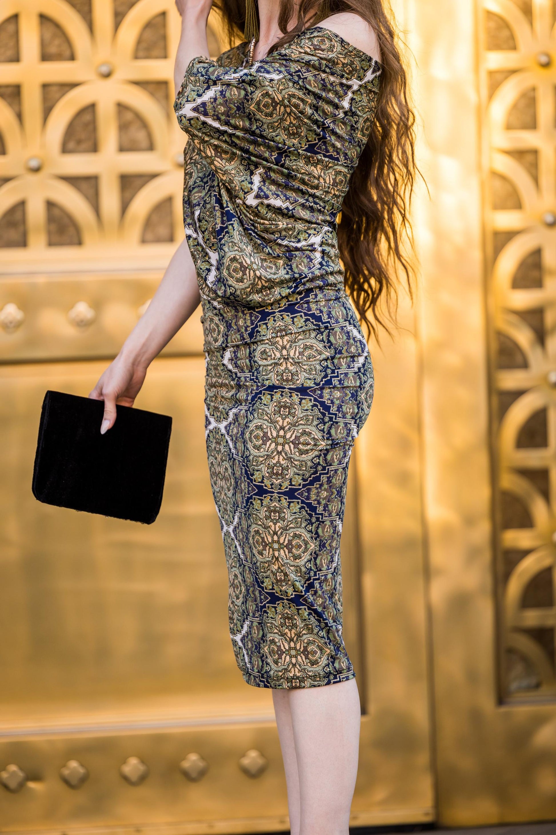 jennafer grace byzantine angle dress evening wear cocktail off shoulder one shoulder boat neck simple sexy gold navy dress handmade