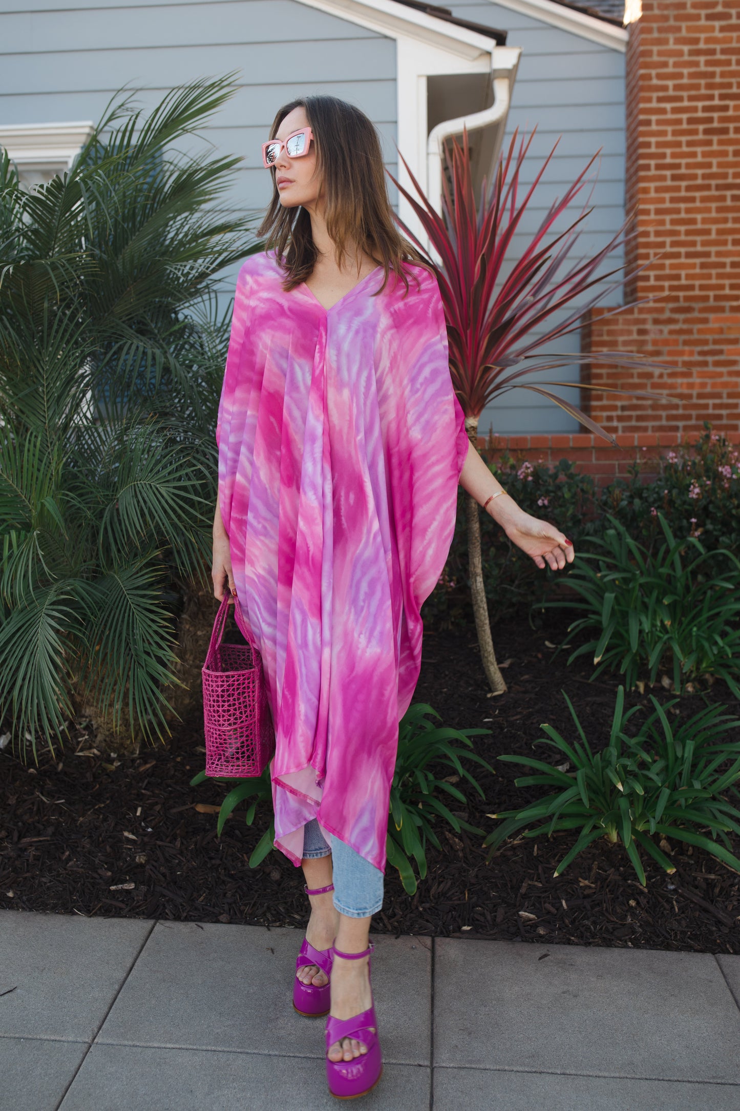 jennafer grace Candy Sunrise caftan hot pink magenta fuchsia lavender purple tie-dye print kaftan mumu shift dress coverup casual boho bohemian hippie beach resort spa lounge loungewear layering unisex handmade in California USA