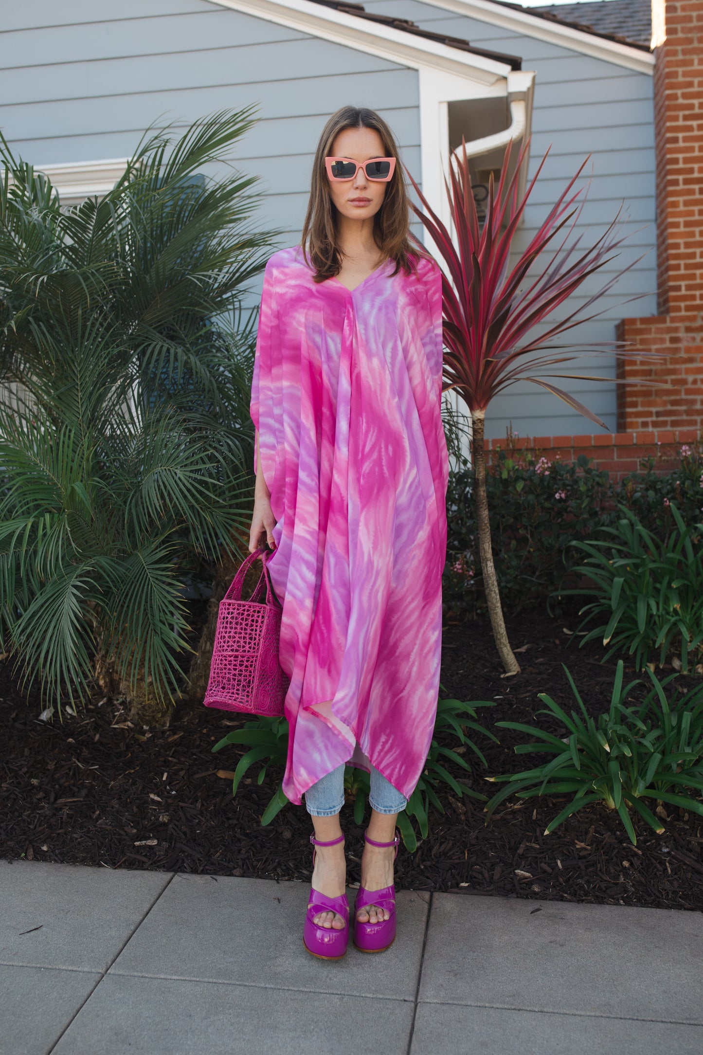 jennafer grace Candy Sunrise caftan hot pink magenta fuchsia lavender purple tie-dye print kaftan mumu shift dress coverup casual boho bohemian hippie beach resort spa lounge loungewear layering unisex handmade in California USA