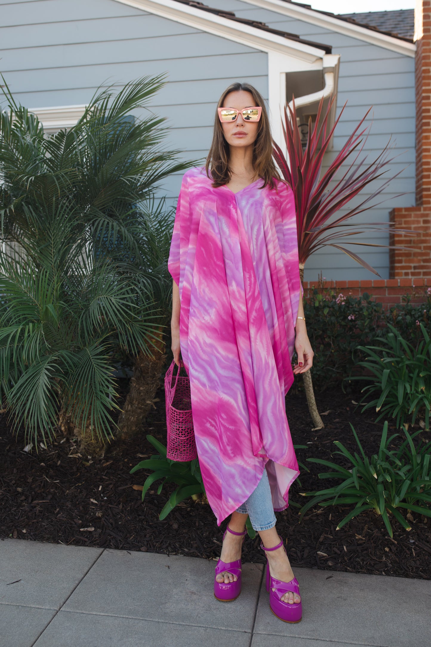 jennafer grace Candy Sunrise caftan hot pink magenta fuchsia lavender purple tie-dye print kaftan mumu shift dress coverup casual boho bohemian hippie beach resort spa lounge loungewear layering unisex handmade in California USA