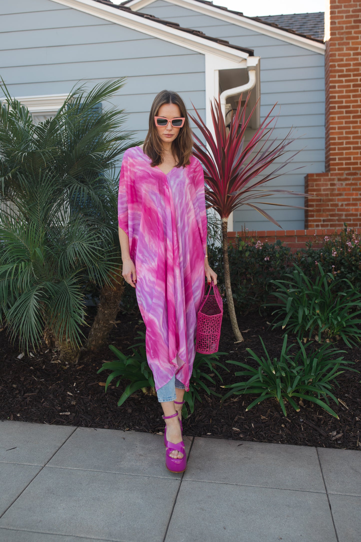 jennafer grace Candy Sunrise caftan hot pink magenta fuchsia lavender purple tie-dye print kaftan mumu shift dress coverup casual boho bohemian hippie beach resort spa lounge loungewear layering unisex handmade in California USA