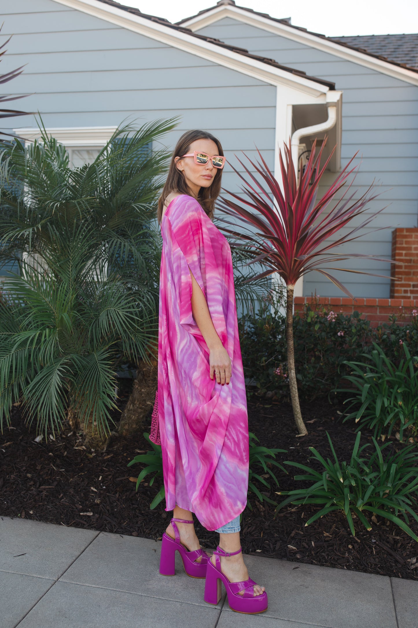 jennafer grace Candy Sunrise caftan hot pink magenta fuchsia lavender purple tie-dye print kaftan mumu shift dress coverup casual boho bohemian hippie beach resort spa lounge loungewear layering unisex handmade in California USA