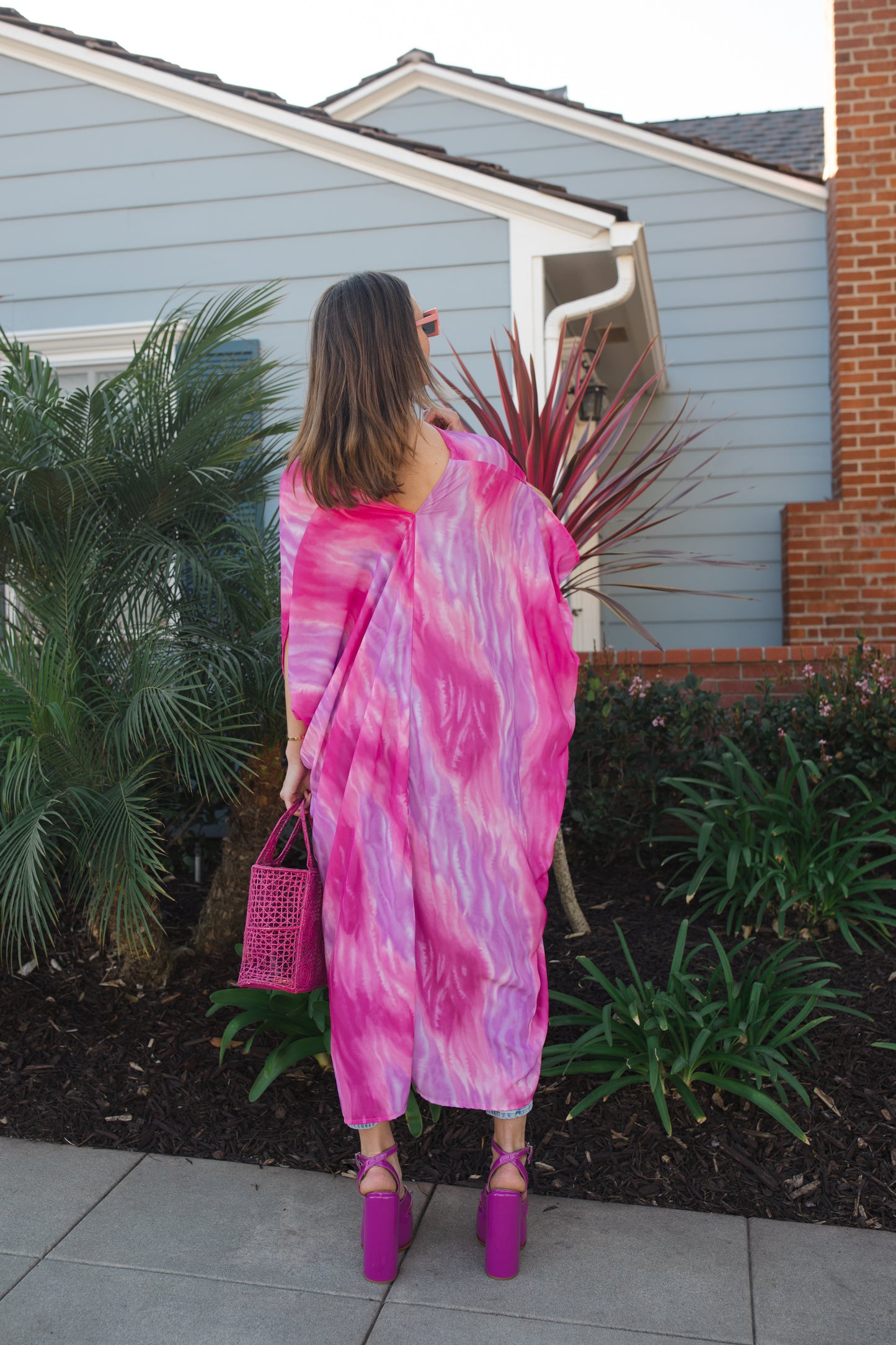 jennafer grace Candy Sunrise caftan hot pink magenta fuchsia lavender purple tie-dye print kaftan mumu shift dress coverup casual boho bohemian hippie beach resort spa lounge loungewear layering unisex handmade in California USA