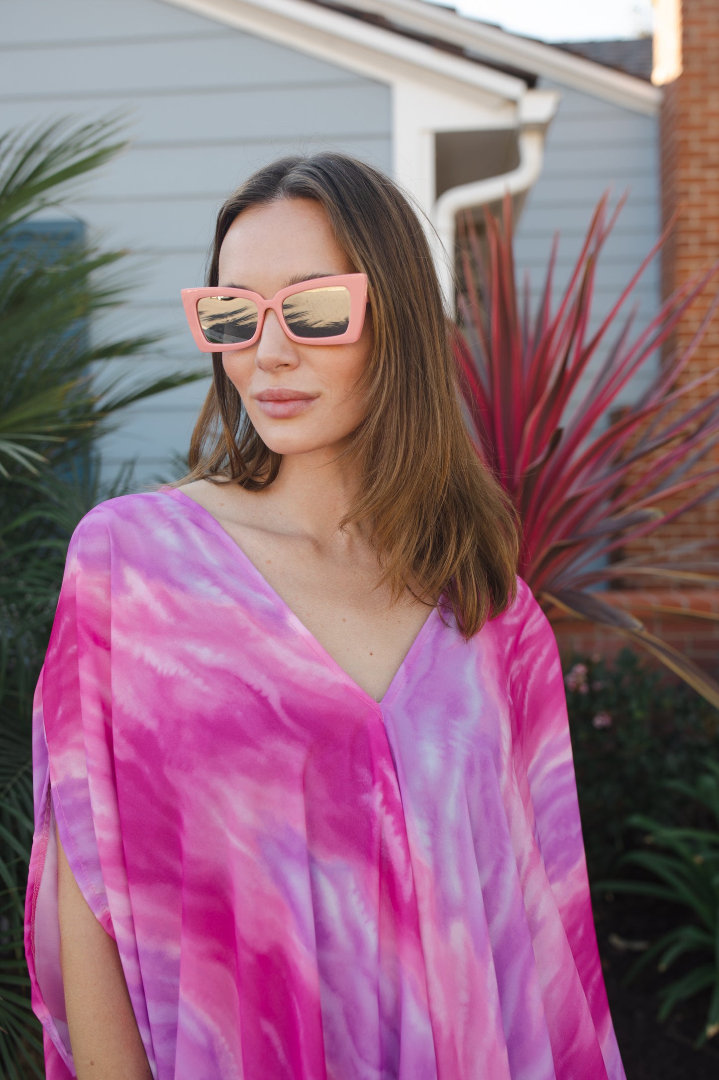 jennafer grace Candy Sunrise caftan hot pink magenta fuchsia lavender purple tie-dye print kaftan mumu shift dress coverup casual boho bohemian hippie beach resort spa lounge loungewear layering unisex handmade in California USA