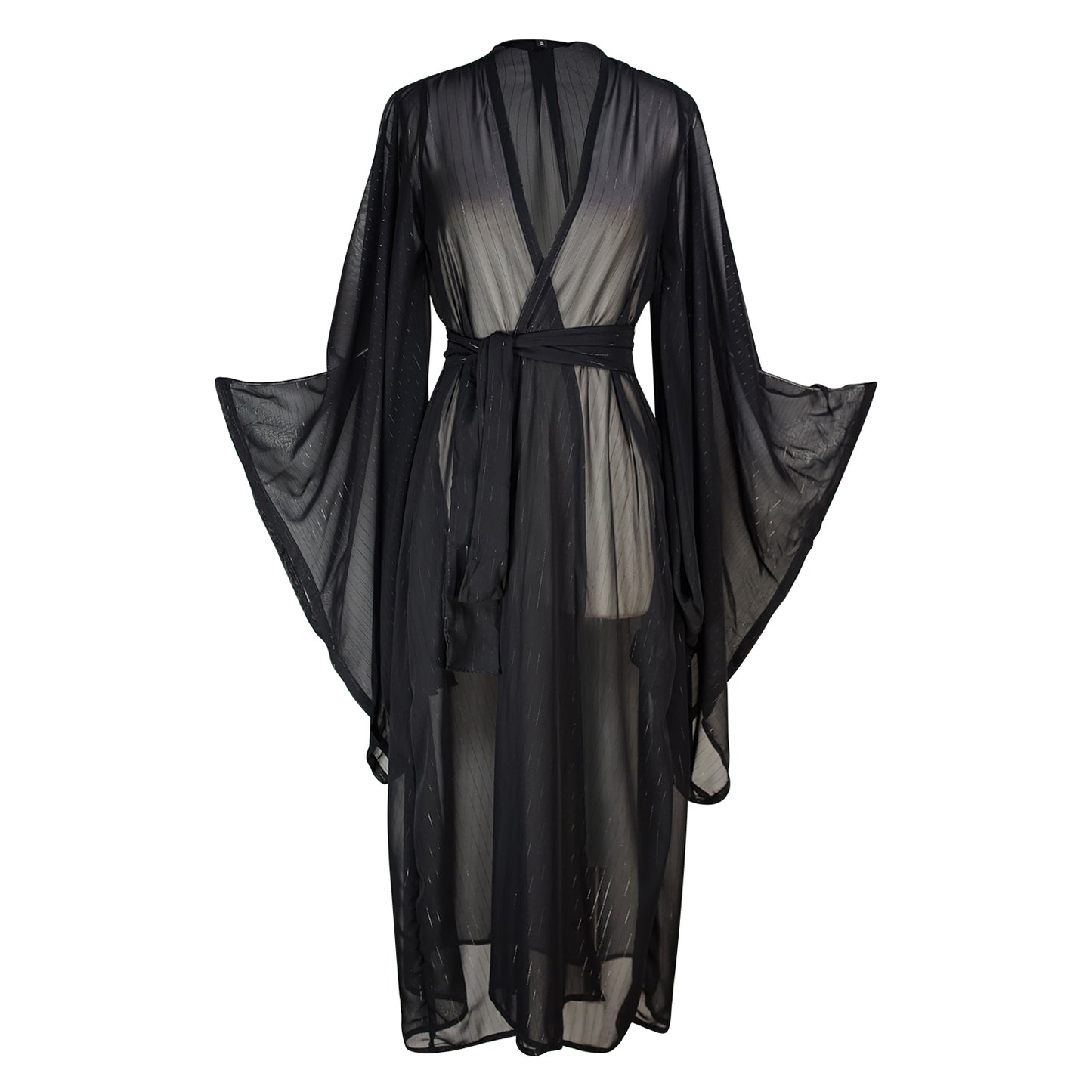 jennafer grace Capone kimono onyx black semi-sheer metallic thread pinstripe infused shimmery gothic coverup wrap dress with pockets duster jacket robe goth boho bohemian hippie whimsical romantic beach poolside resort cabana lounge wear unisex handmade in California USA